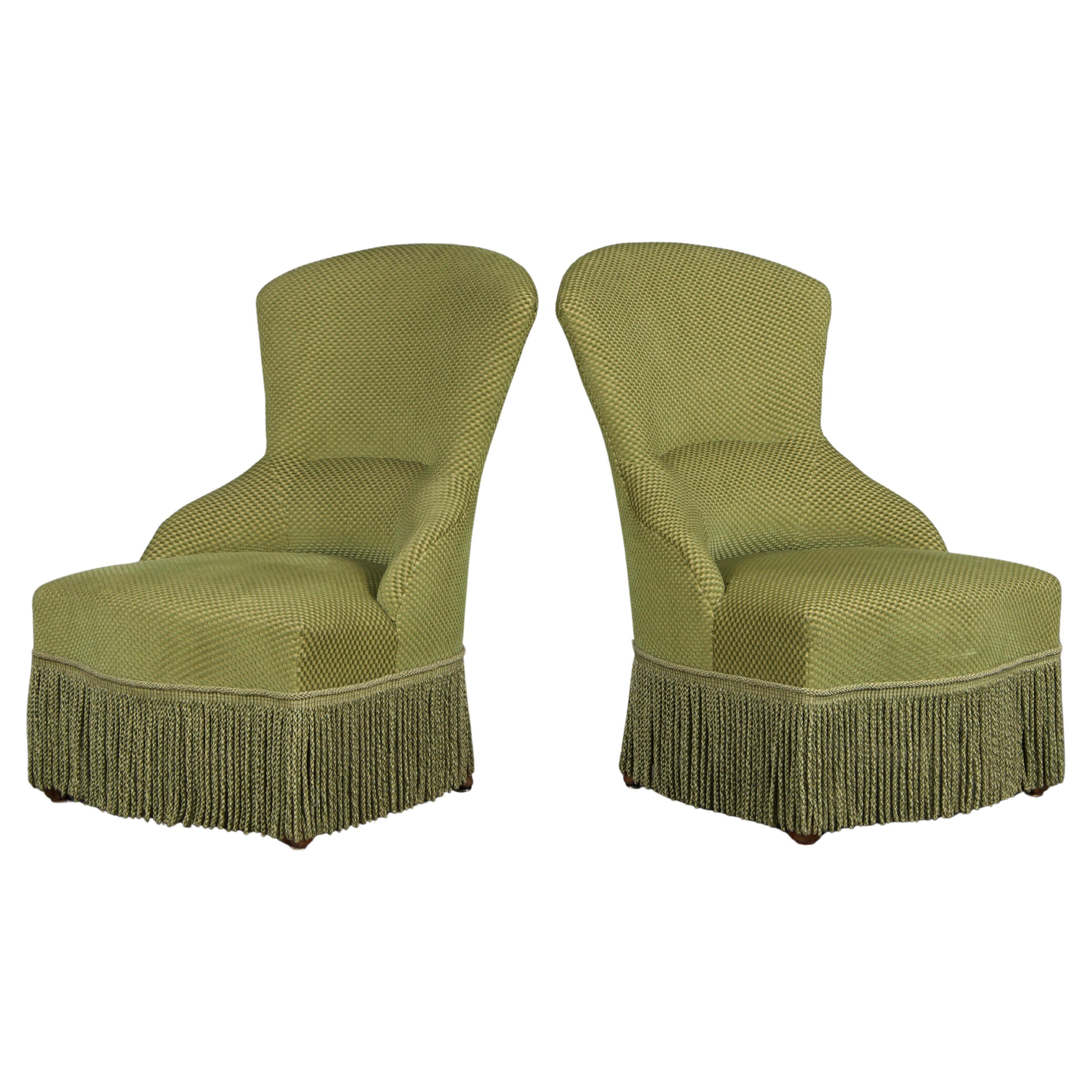 Antique French Napoleon III Style Slipper Chairs W/ Green Burnout Velvet- A Pair