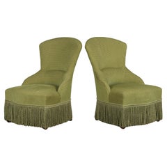 Antique French Napoleon III Style Slipper Chairs W/ Green Burnout Velvet- A Pair