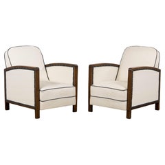 Paire de fauteuils club en érable Art Déco français des années 1930, en coton blanc