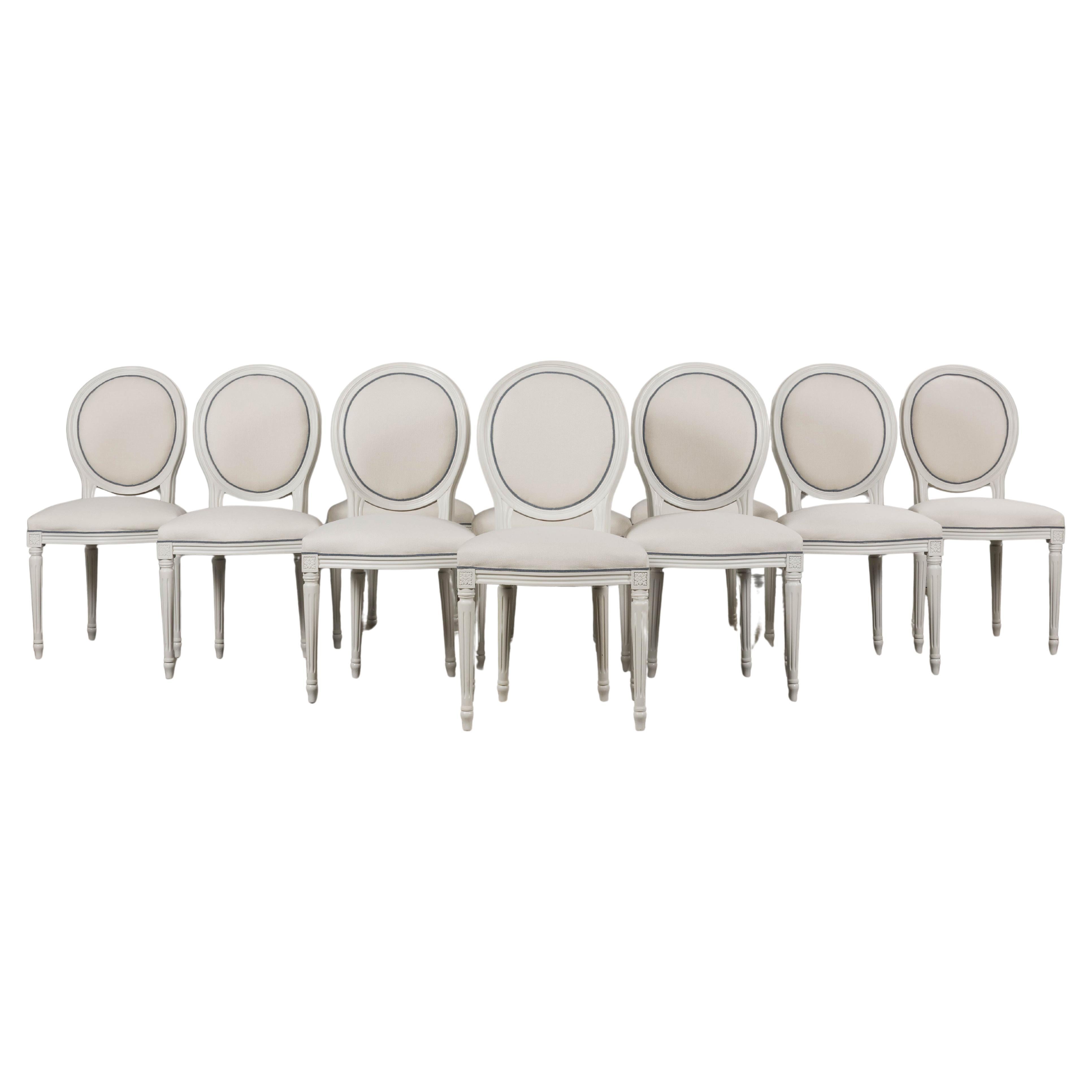Chaises de salle à manger peintes de style Louis XVI en lin belge naturel - Lot de 10