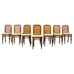 Set di 10 sedie da pranzo austriache Thonet in legno curvato e vimini della fine del XIX secolo