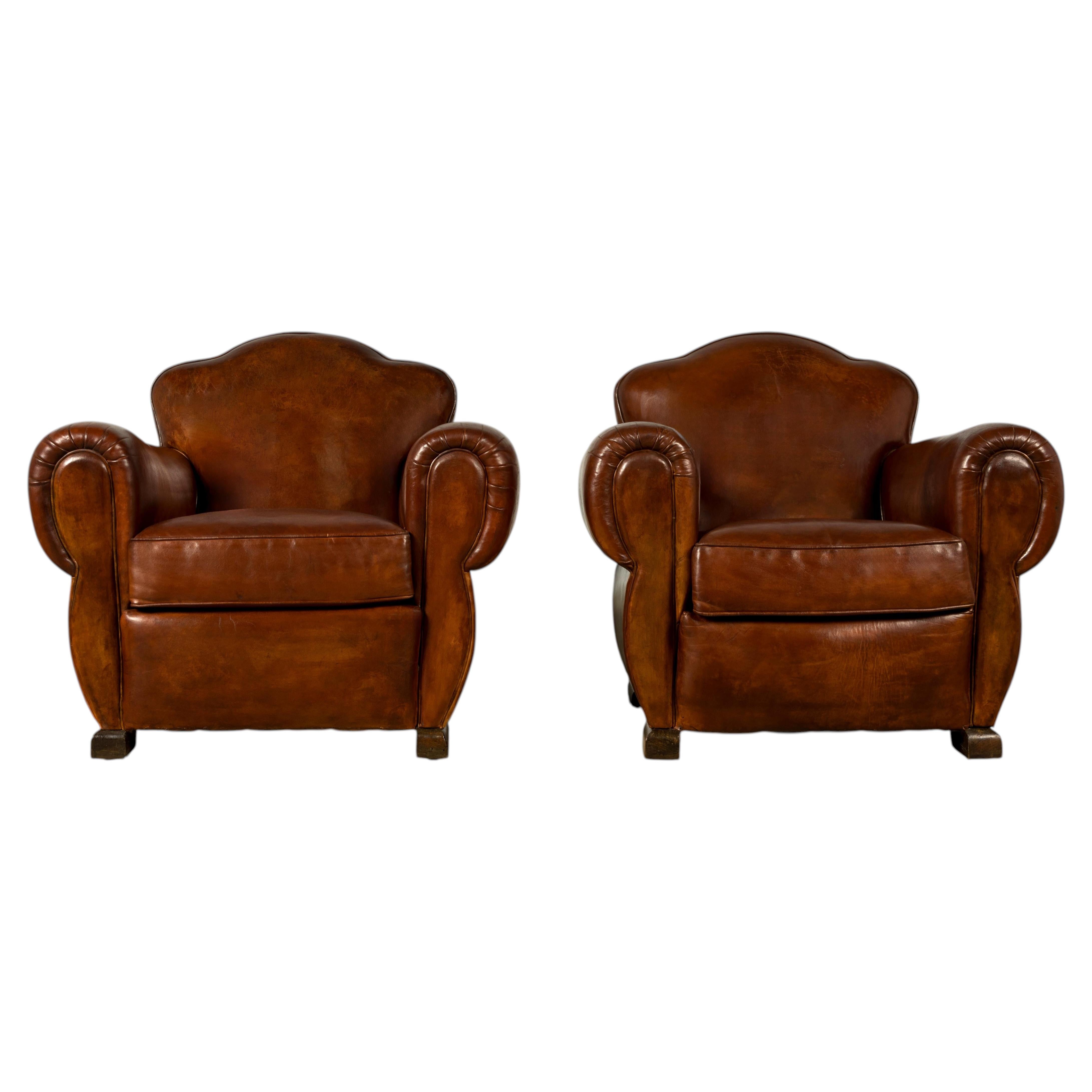 1940s French Art Deco Club Chairs, Cognac Leather, Pair