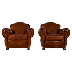 1940s French Art Deco Cognac Leather Club Chairs, Pair