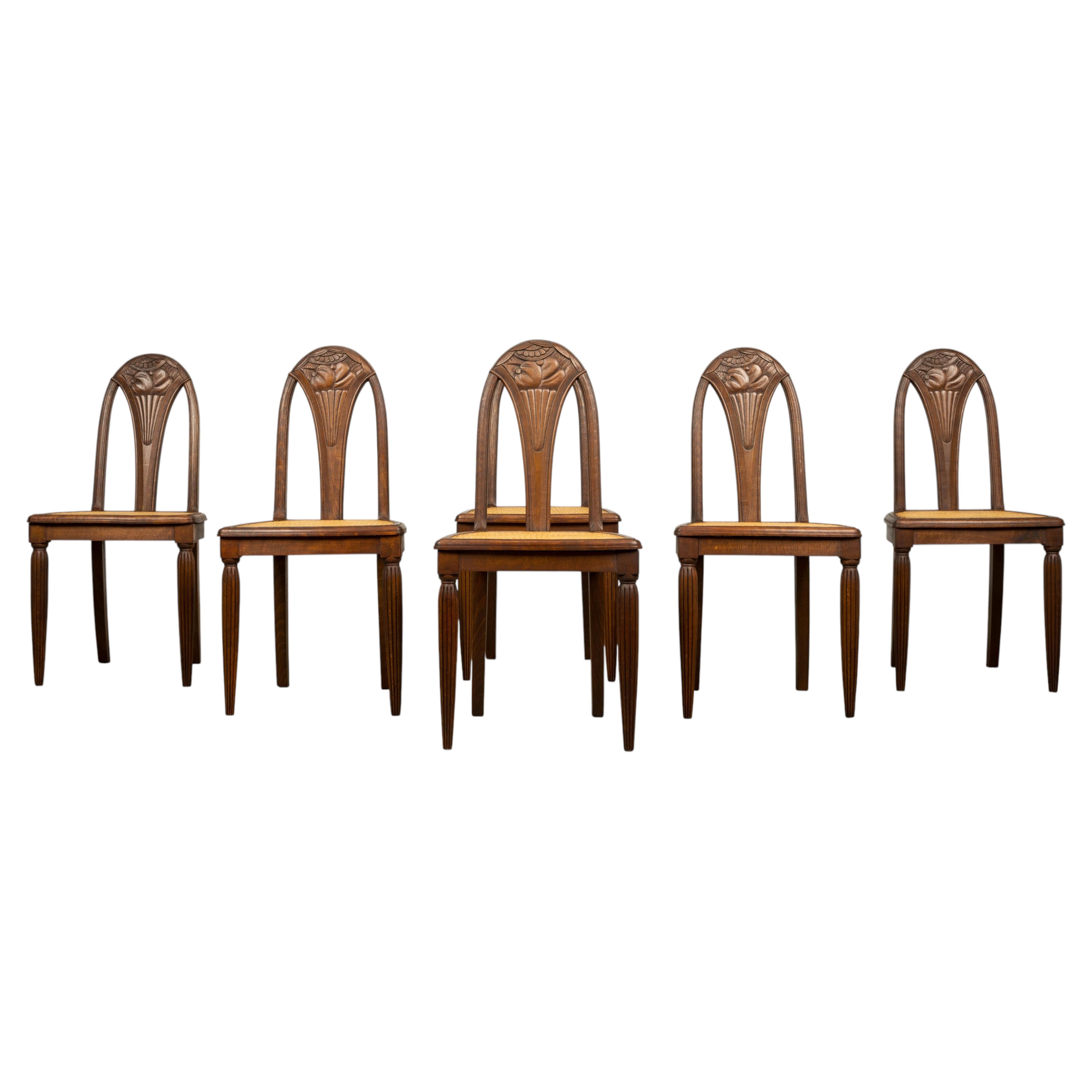 Lot de six chaises de salle à manger Art déco françaises des années 1930, en érable et rotin