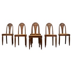 Set of Six 1930s French Art Deco Dining Chairs in Maple & Cane