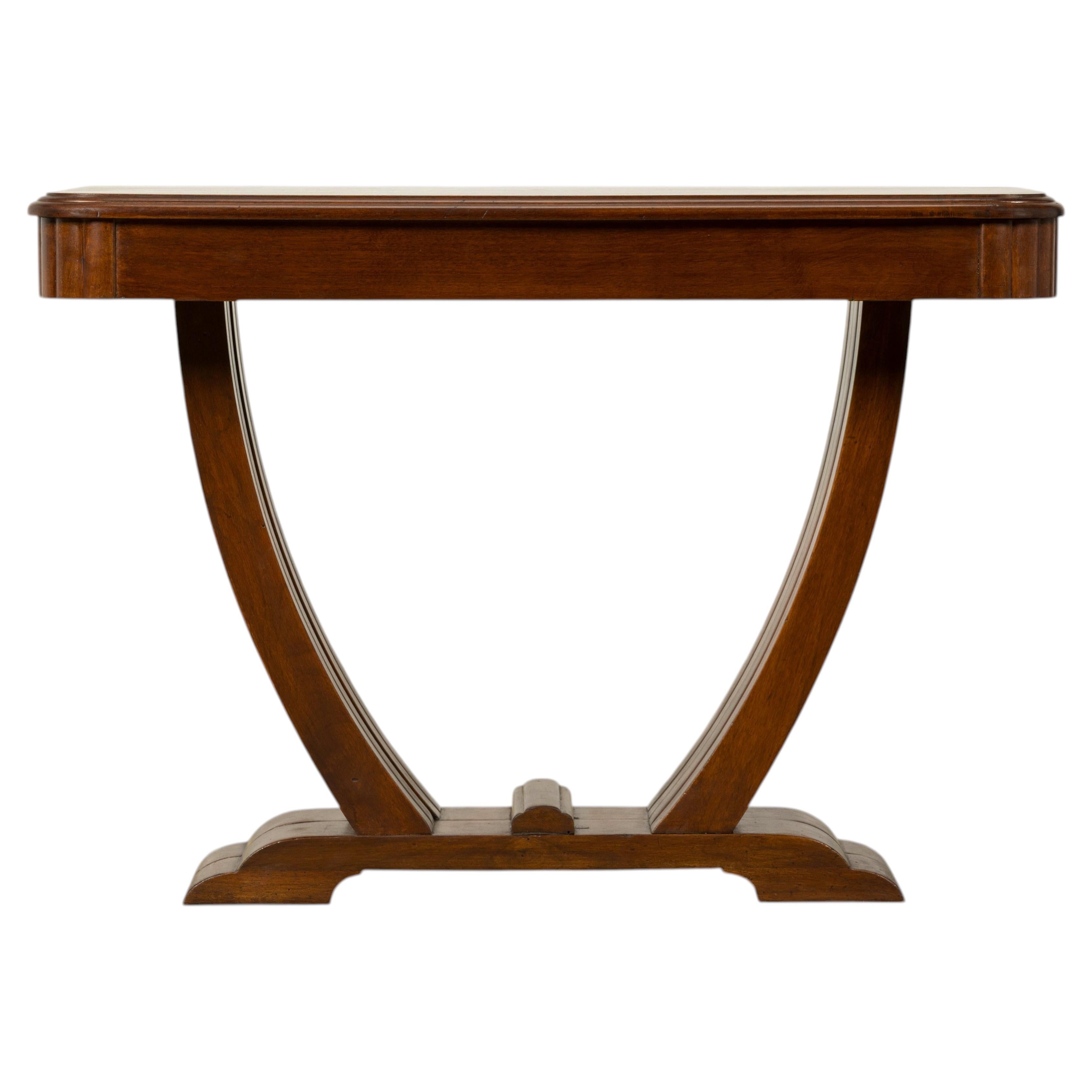 French Art Deco Walnut Console Table, 1930s, Sculptural Base, Provence
