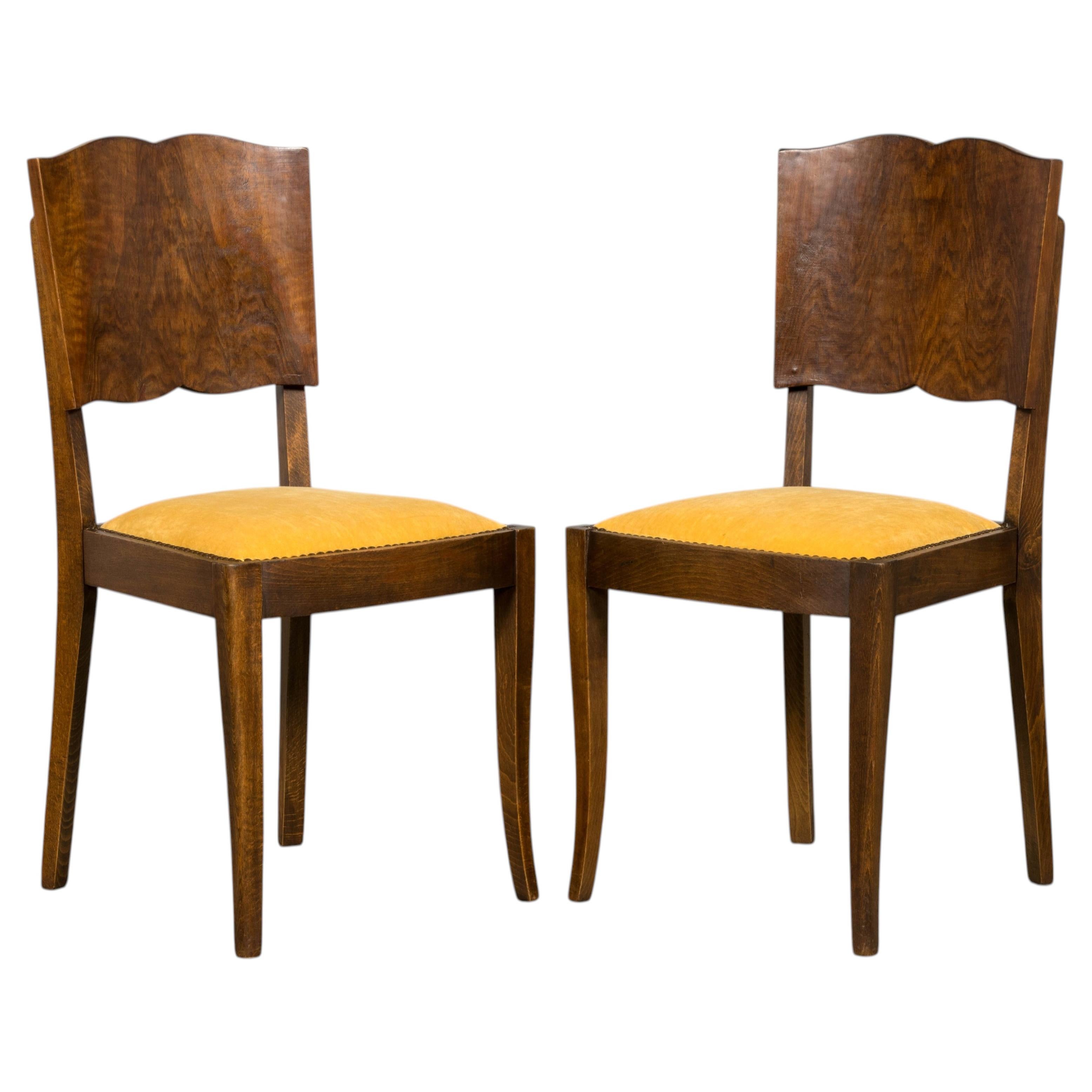1930s French Art Deco Side Chairs, Walnut & Oak, Mustache-Back Design For Sale