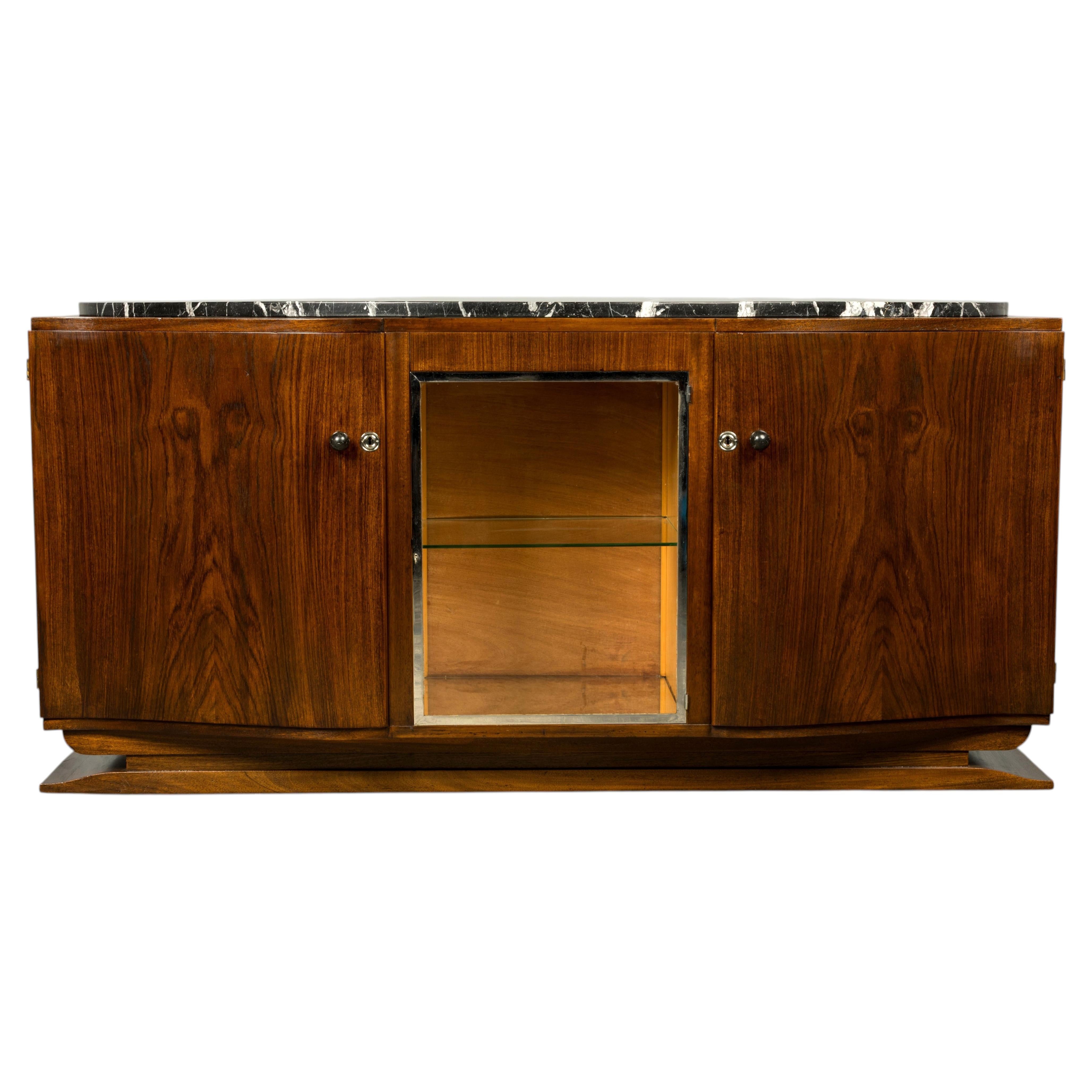 1930s French Art Deco Walnut Sideboard with Black Marble Top For Sale