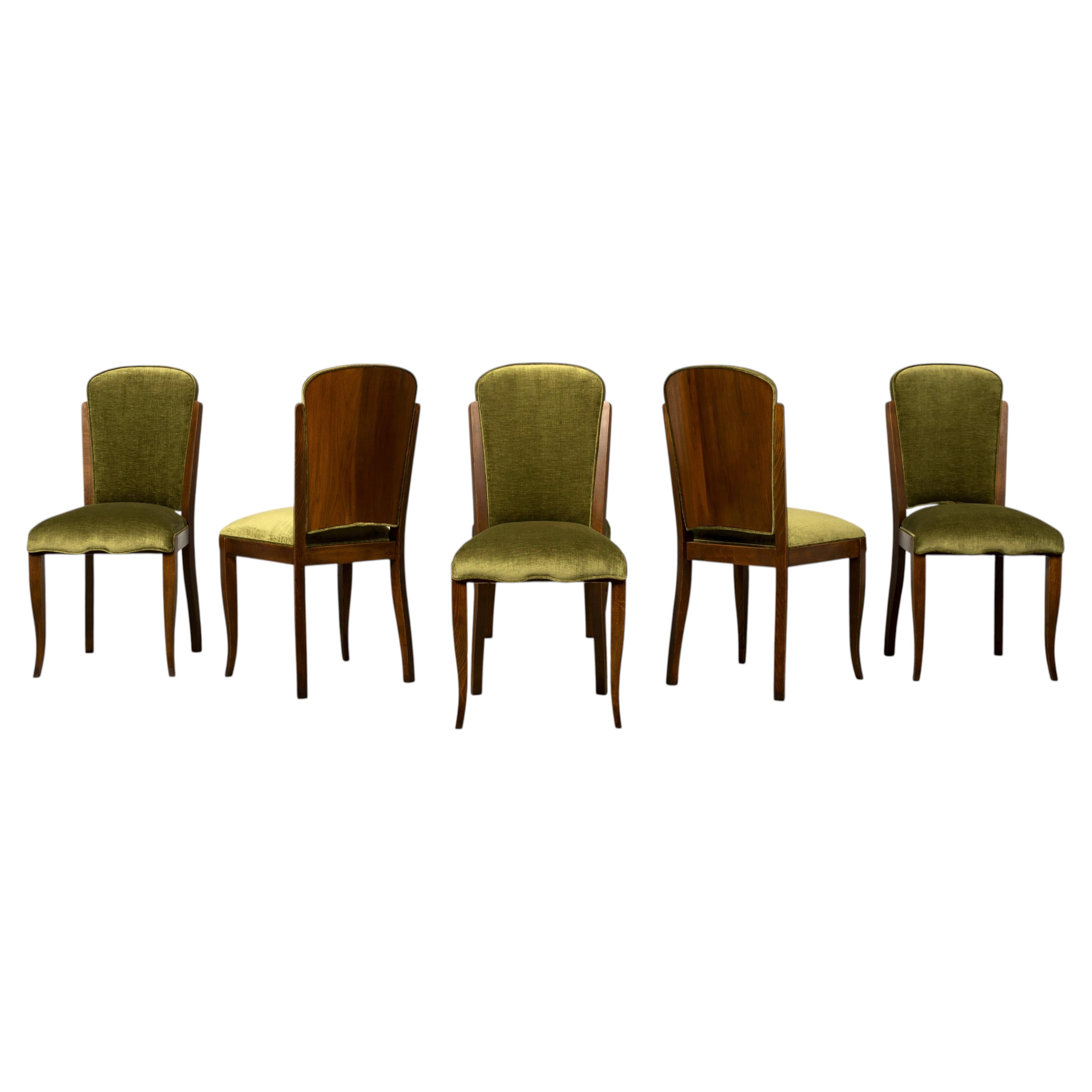 Set of Six 1930s French Art Deco Dining Chairs in Olive Velvet