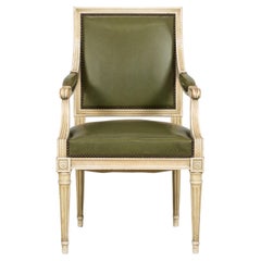 Early 20th Century French Louis XVI Style Painted Armchair in Olive Green