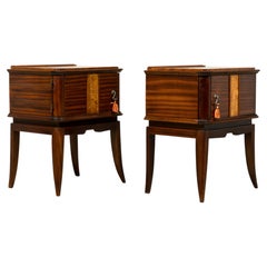 Pair of French Art Deco Mahogany & Burl Wood Nightstands, 1930s