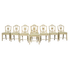 Set of 8 Late 19th Century Gustavian Style Chairs in Olive Green Floral Fabric