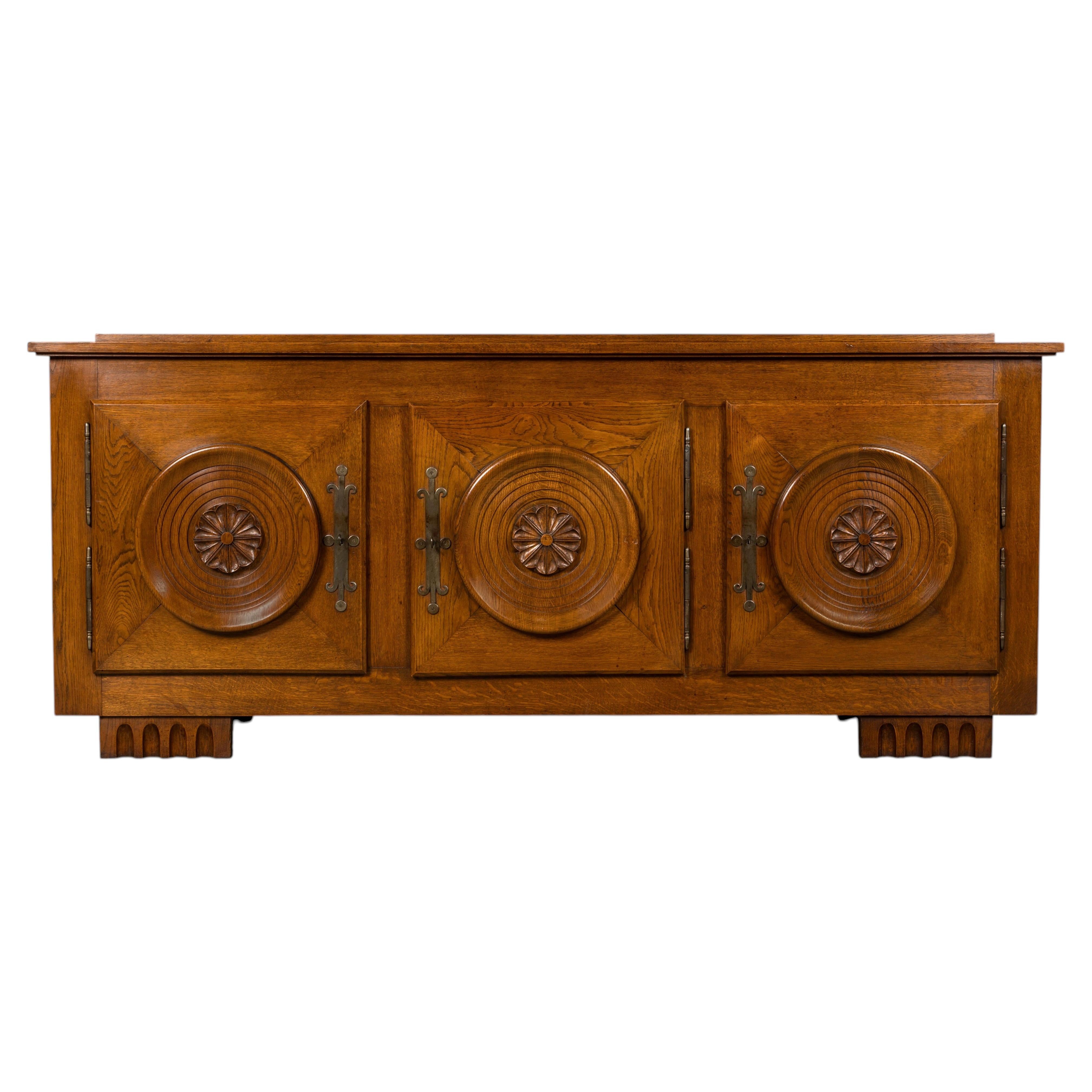 1940s French Art Deco Brutalist Oak Sideboard in the Style of Charles Dudouyt