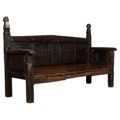 18th Century Spanish Rustic Oak Bench with Carved Panels and Dark Patina