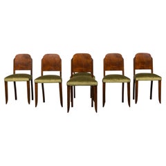 Set di 6 sedie da pranzo in stile Art Déco francese in noce, rivestite in velluto verde oliva, anni ’30
