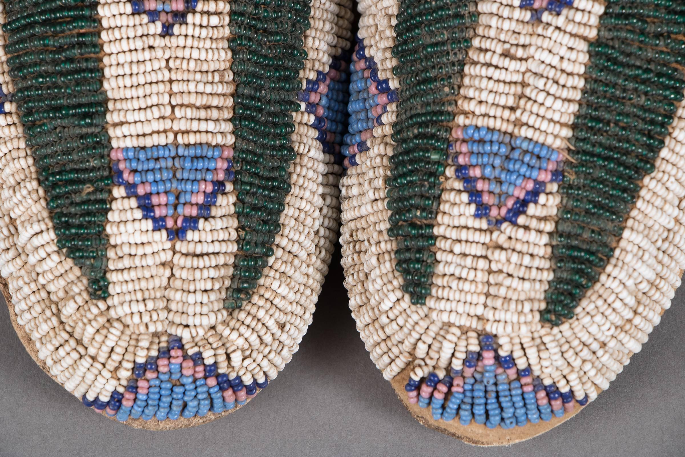 Hide Antique Native American Beaded Child's Moccasins, Arapaho, 19th Century