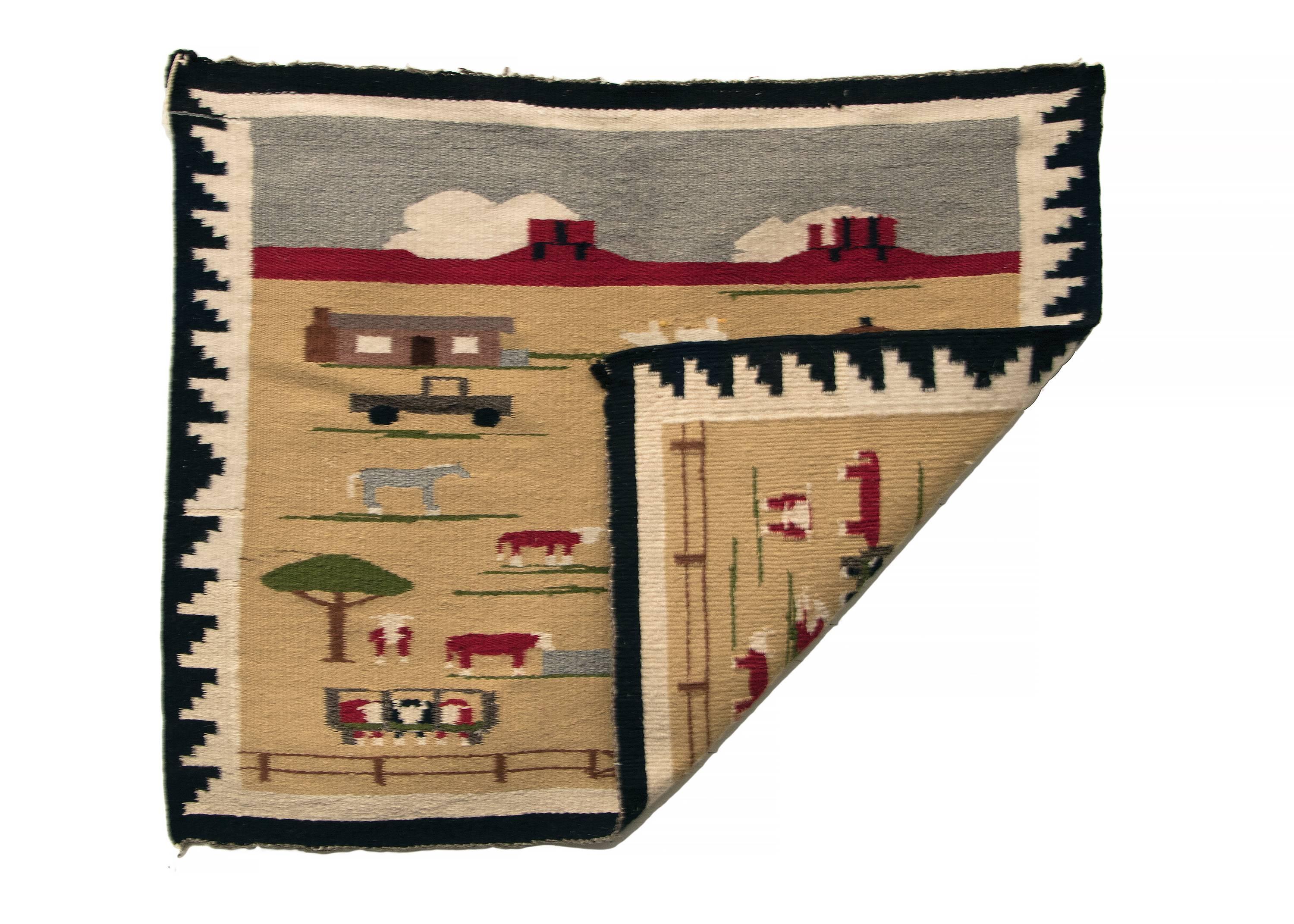 A charming pictorial weaving depicting life on the Navajo Reservation at Lukachukai in Arizona. 