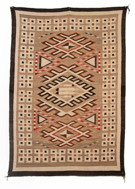 Native American Vintage Navajo Pictorial Rug, Hand-Woven Wool, Gray, Brown, Ivory, Black & Red For Sale