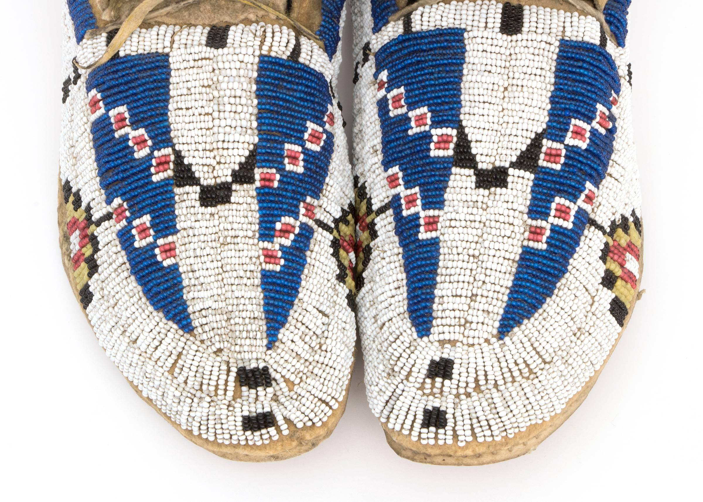 Hide Antique Native American Beaded Child's Moccasins, Cheyenne, 19th Century