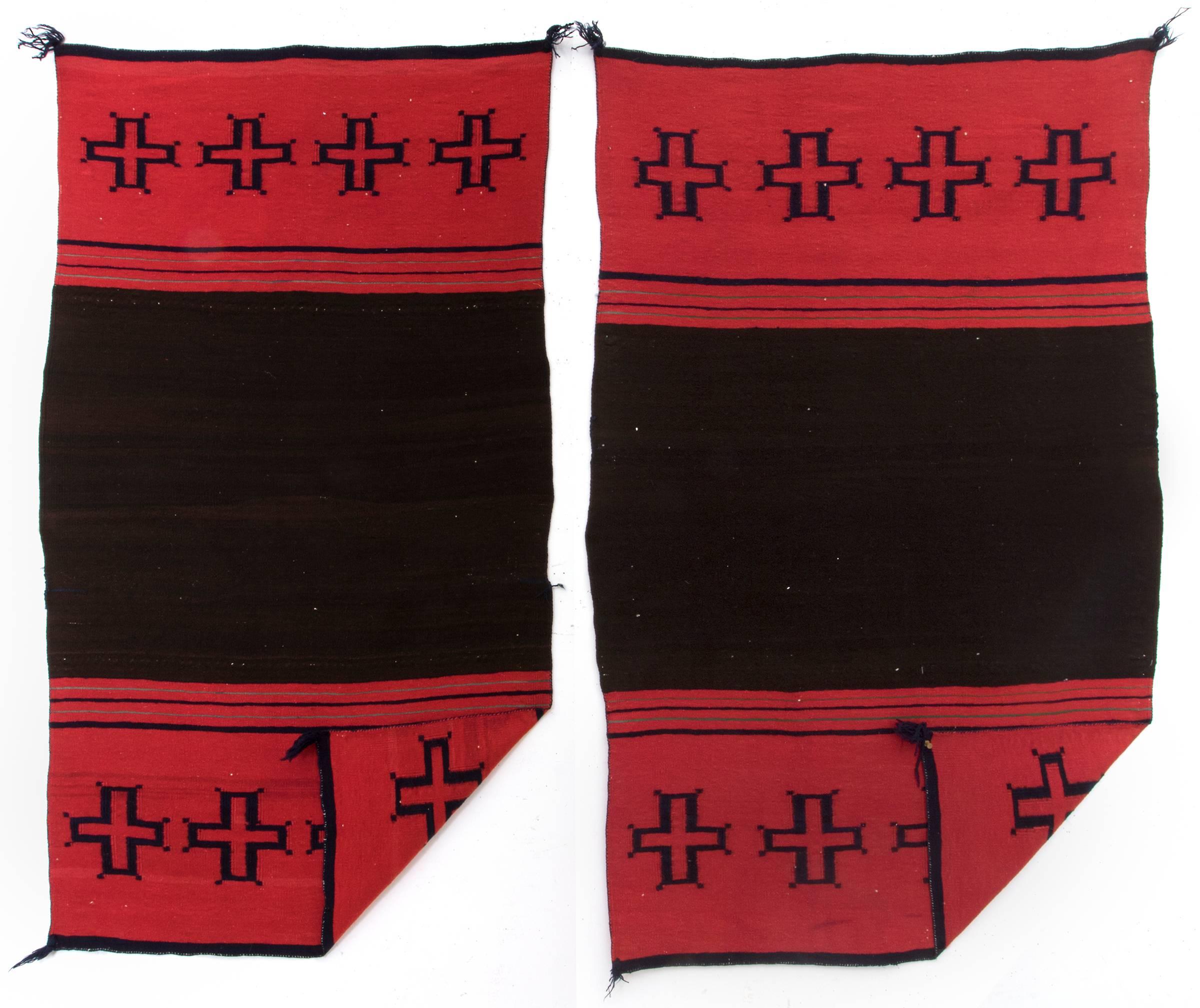 Pair of Classic period (pre-reservation era) dress halves. Woven of native hand-spun wool in natural black/brown fleece. The red was achieved with a combination of natural dye ( 80% Lac and 15% Cochineal).

Each dress half measures 54 x 31.5