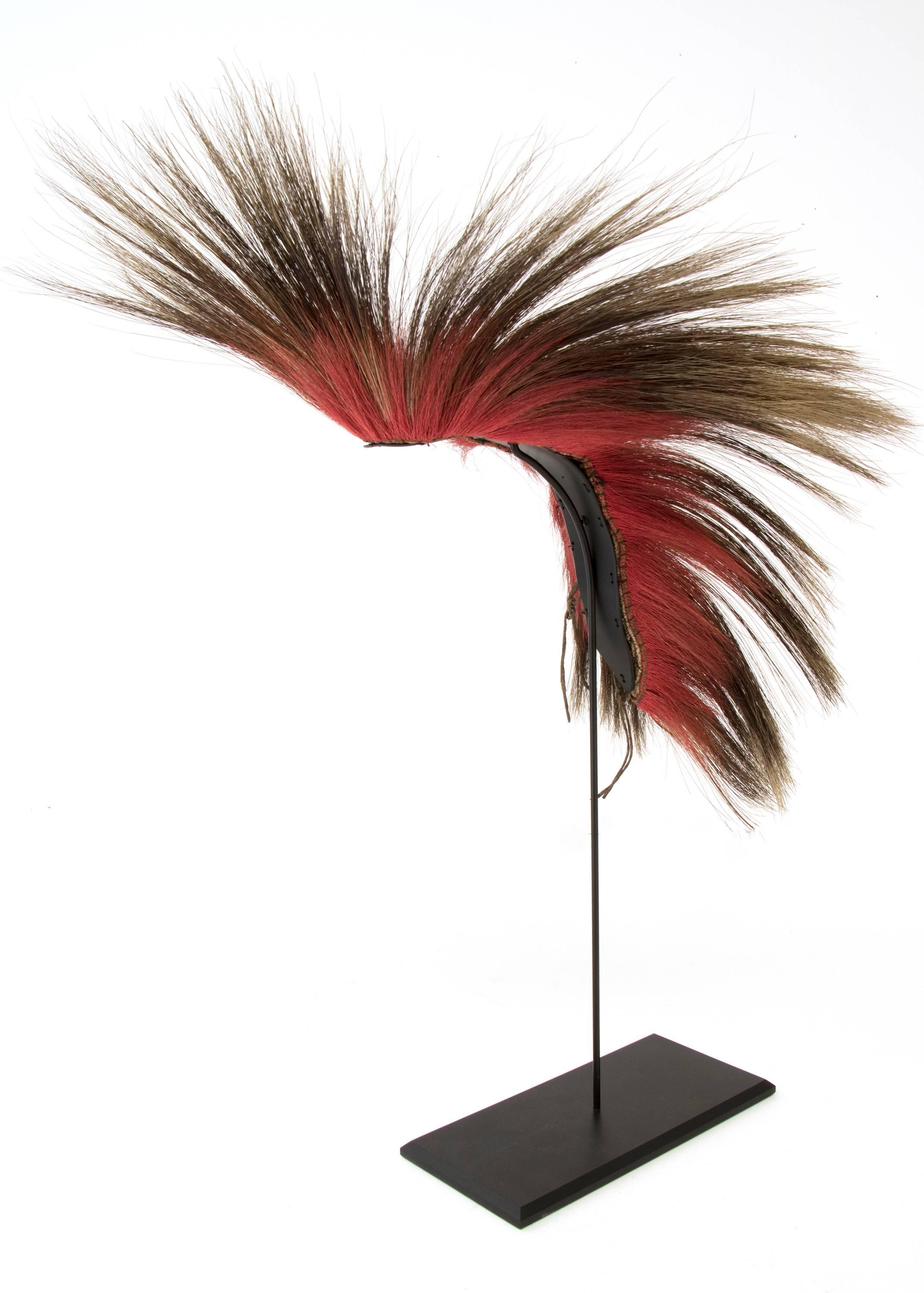 A plains Indian roach “Headdress or Hair Ornament”. Custom display stand is included. Dimensions without stand measures 15 x 15 x 16 inches. Height with stand is 21 inches.

 