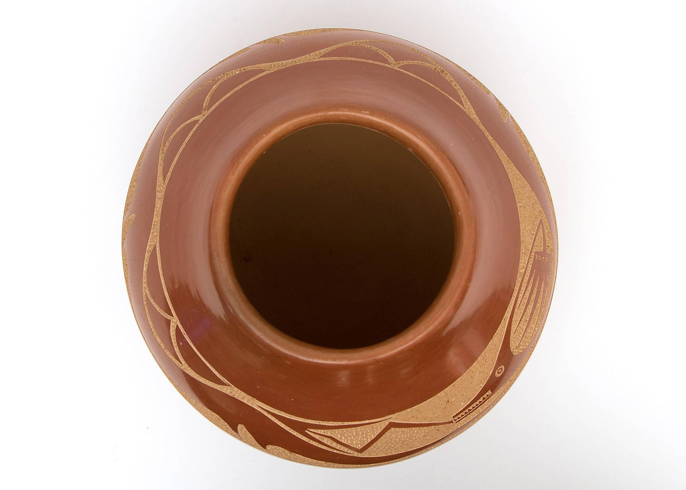 Native American Redware Pottery Jar with an Avanyu by Tony Da, San Ildefonso Pueblo
