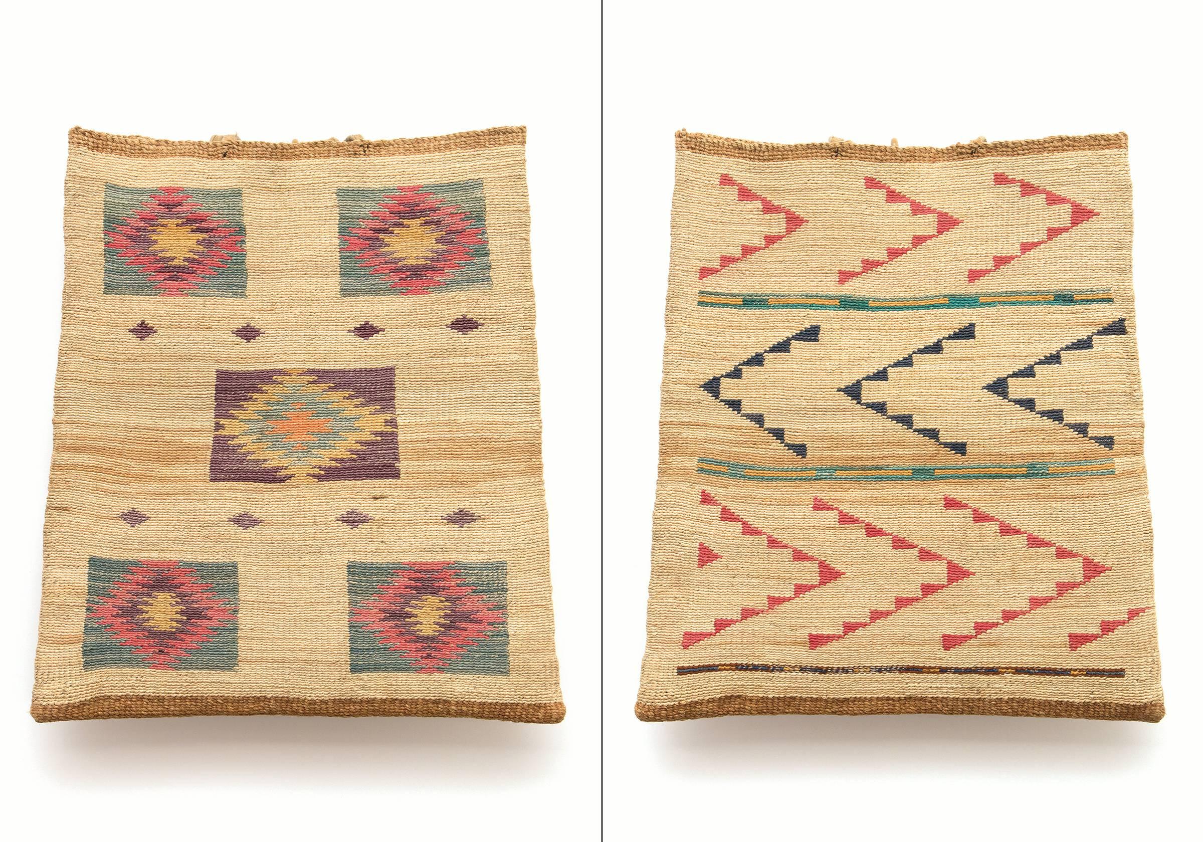 Antique Plateau (North American Indian) Cornhust flat bag, intricately woven of cornhusk, hemp and yarn with geometric designs on each side. Created during the late 19th century by a Plateau weaver. The plateau Indian culture area is a relatively