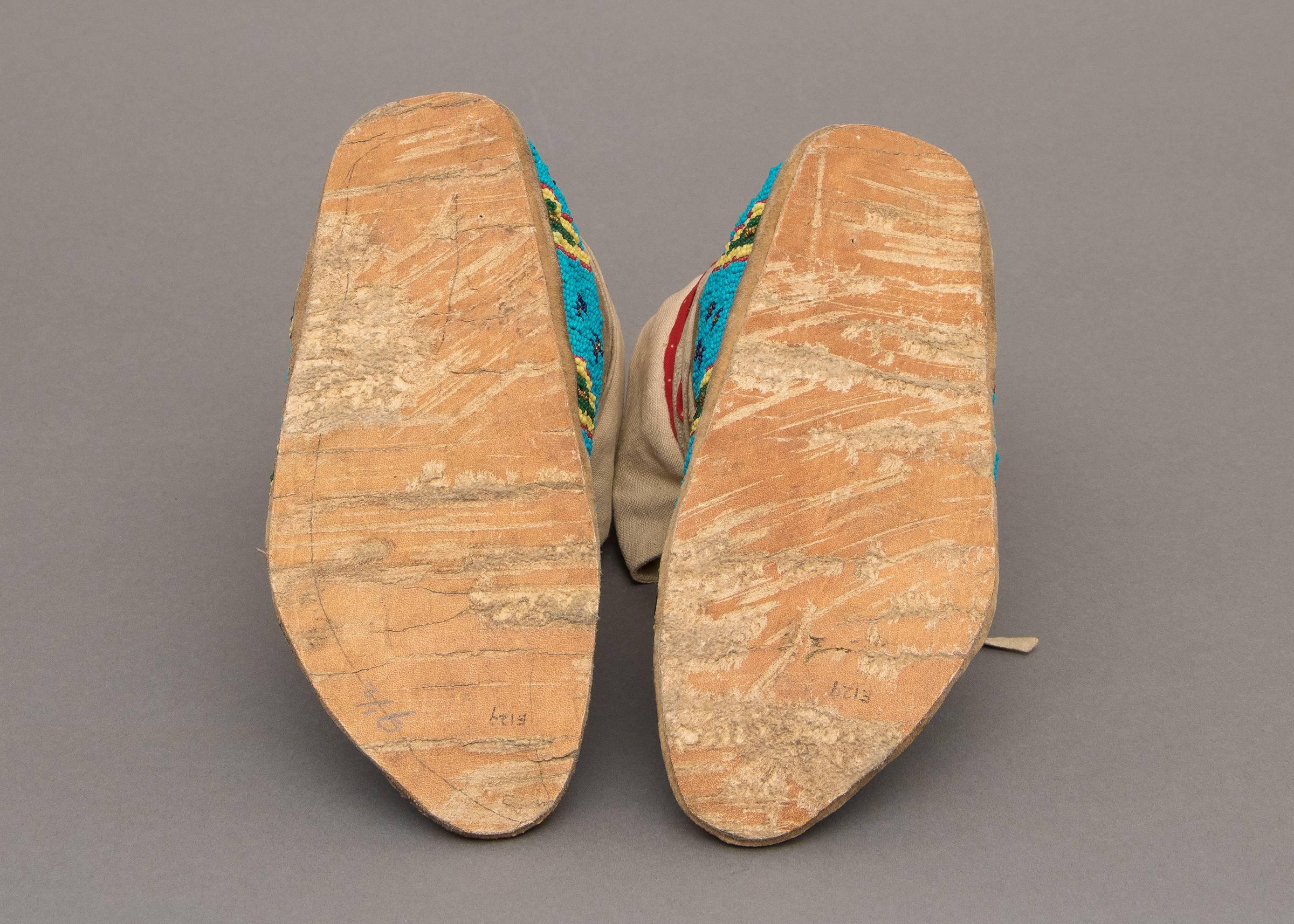 Hide Antique Native American Indian Beaded Moccasins, Sioux, Late 19th Century