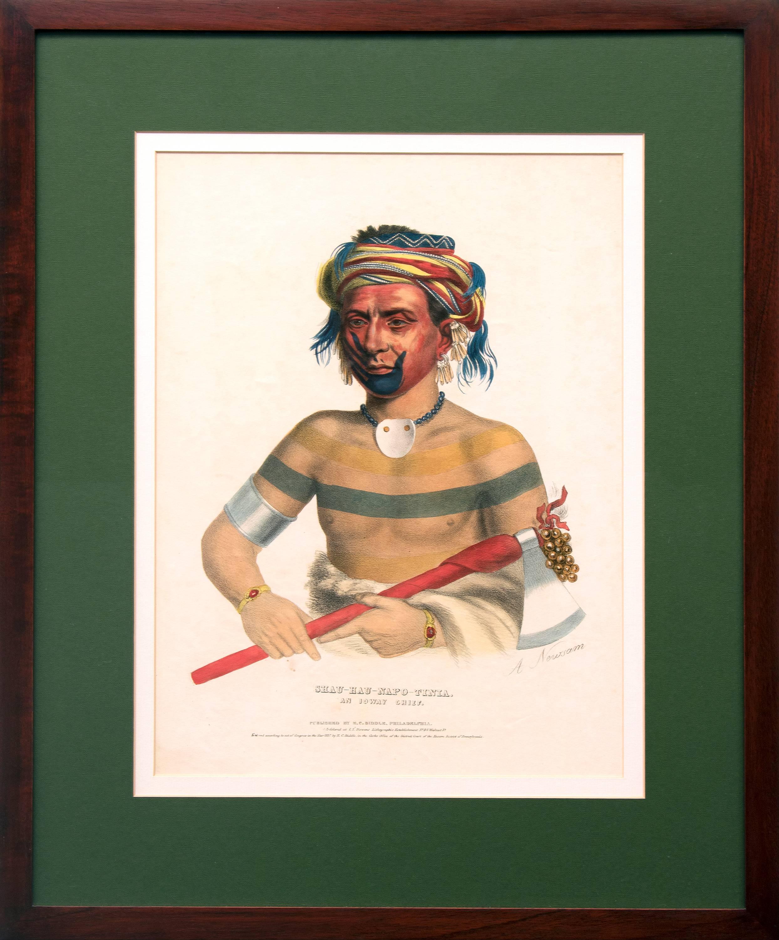 A collection of four vintage lithographs with custom frames (outer dimensions of each individual frame measures 24.25 x 20 x .75 inches. As displayed, the overall dimensions of the group of 4 measure 43 x 51.5 inches.

1) SHAU-HAU-NAPO-TINTA - An