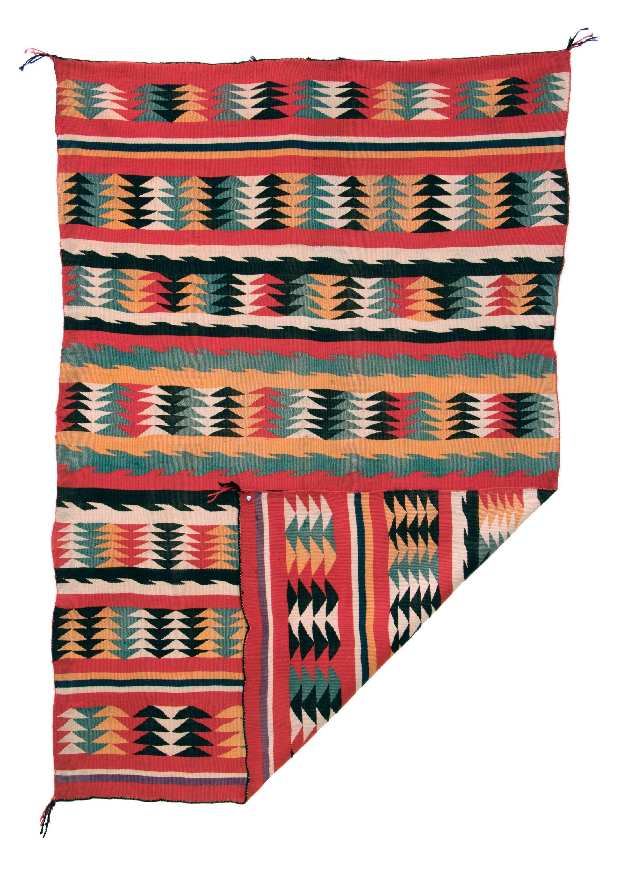 A brightly colored saddle blanket. Masterfully created by a Navajo weaver from Germantown yarns during the late 19th century.

This textile is well suited for use as a wall hanging or as a bed or furniture throw or covering; we do not suggest