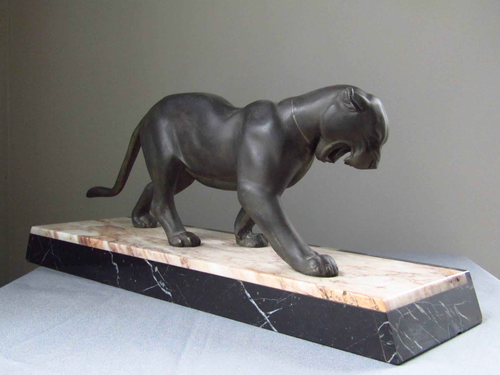 Art Deco Panther Sculpture on Marble Base, France, 1935 3