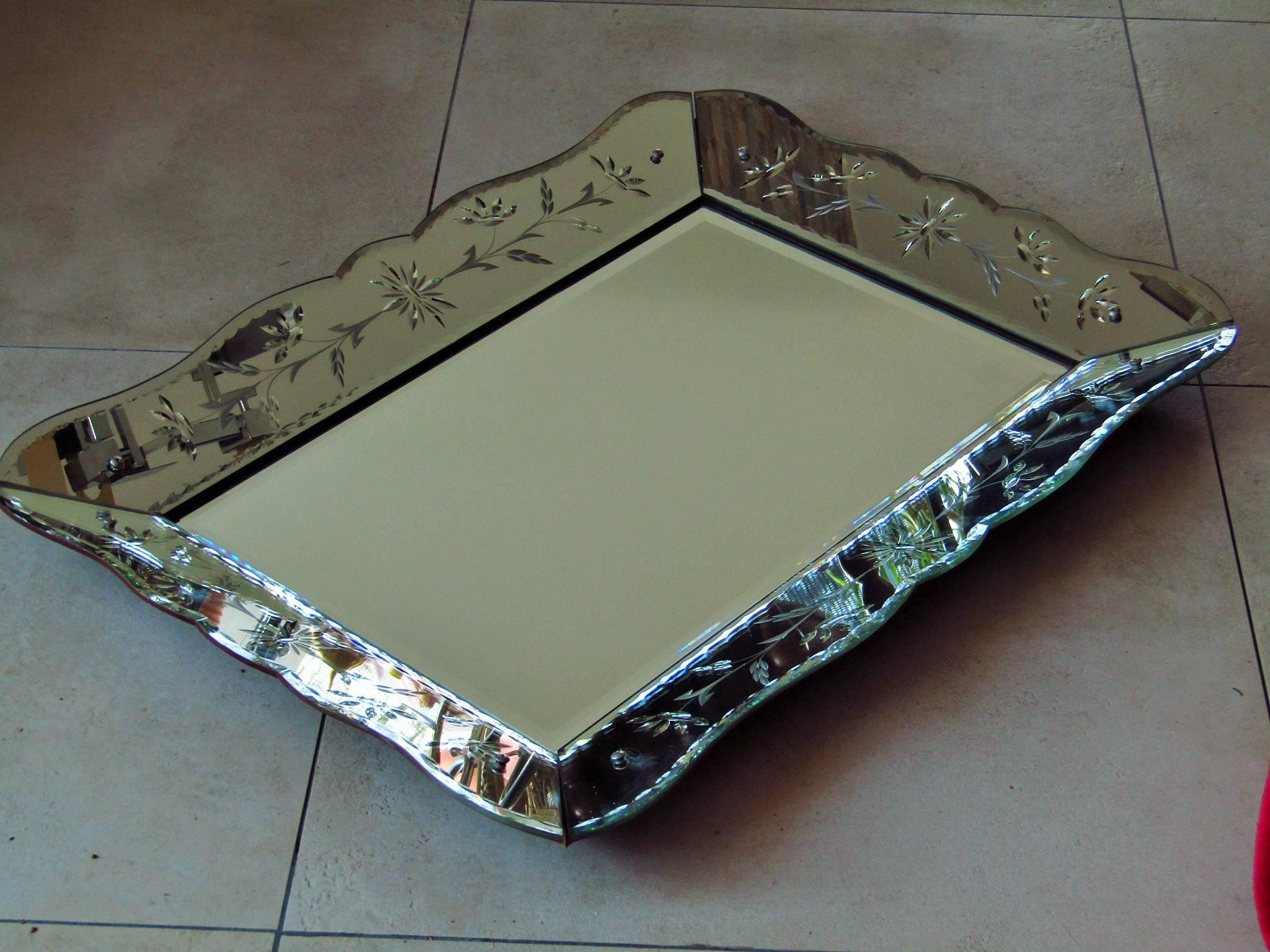 Art Deco Mirror with Ornament Engraving, France, 1940 1