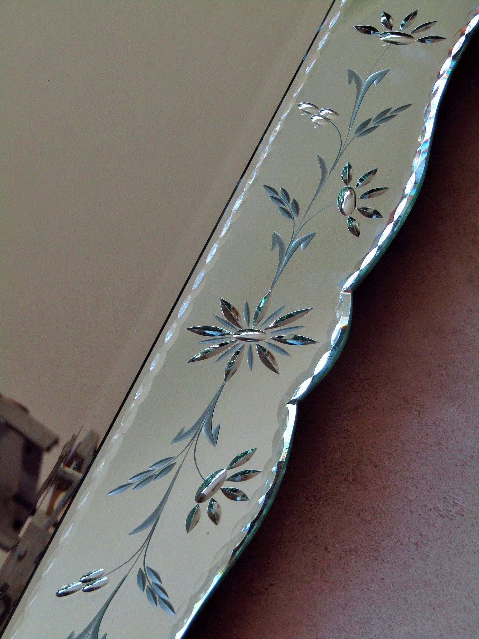 Art Deco Mirror with Ornament Engraving, France, 1940 4