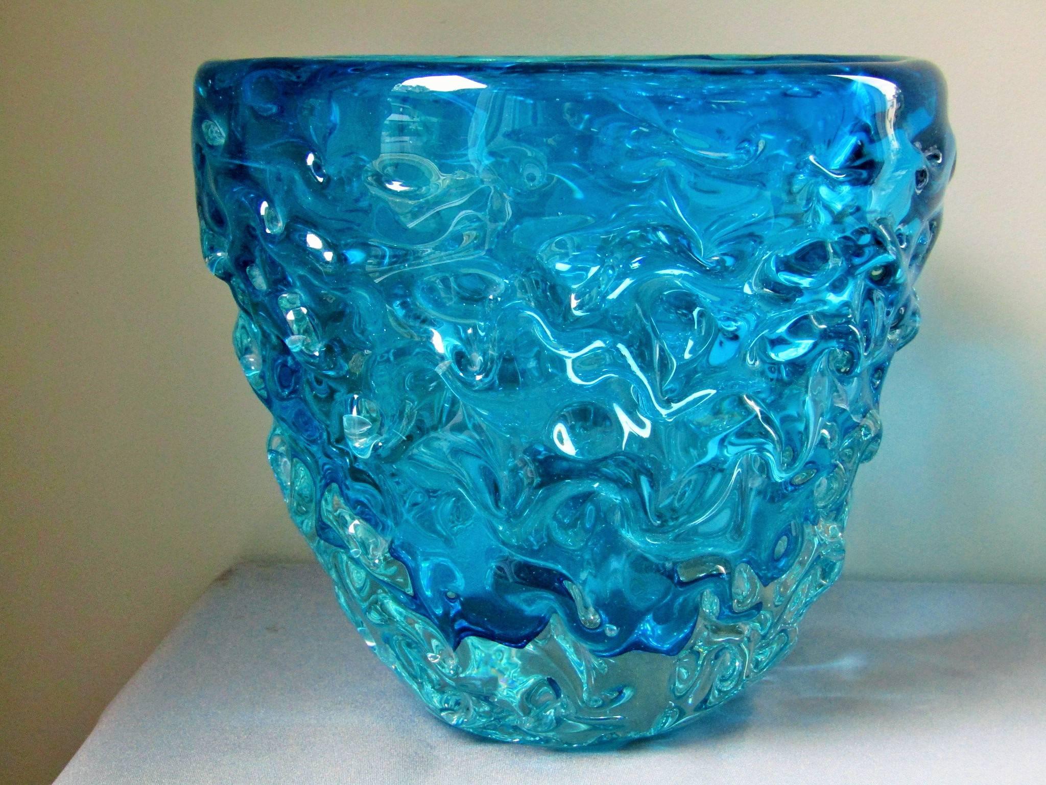 Mid-Century Modern Midcentury Centerpiece Bowl Vase Champagne Cooler Blue Murano Glass, Italy, 1960