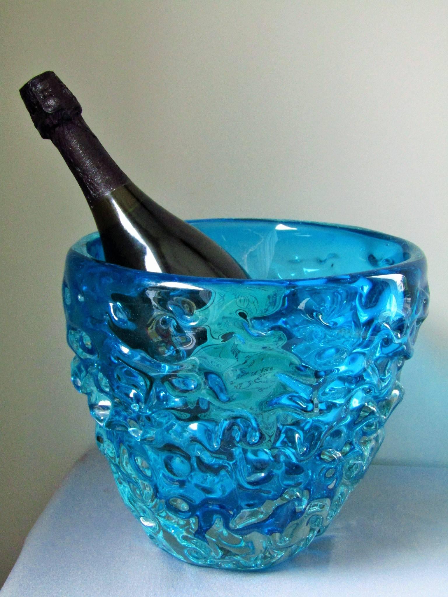 Midcentury Centerpiece Bowl Vase Champagne Cooler Blue Murano Glass, Italy, 1960 1