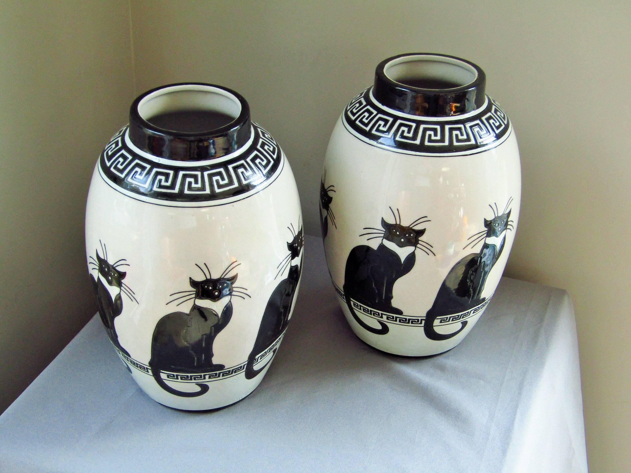 Mid-Century Pair of Vases Ceramic 1960s Cat Decor by Keralouve In Excellent Condition In Saarbruecken, DE