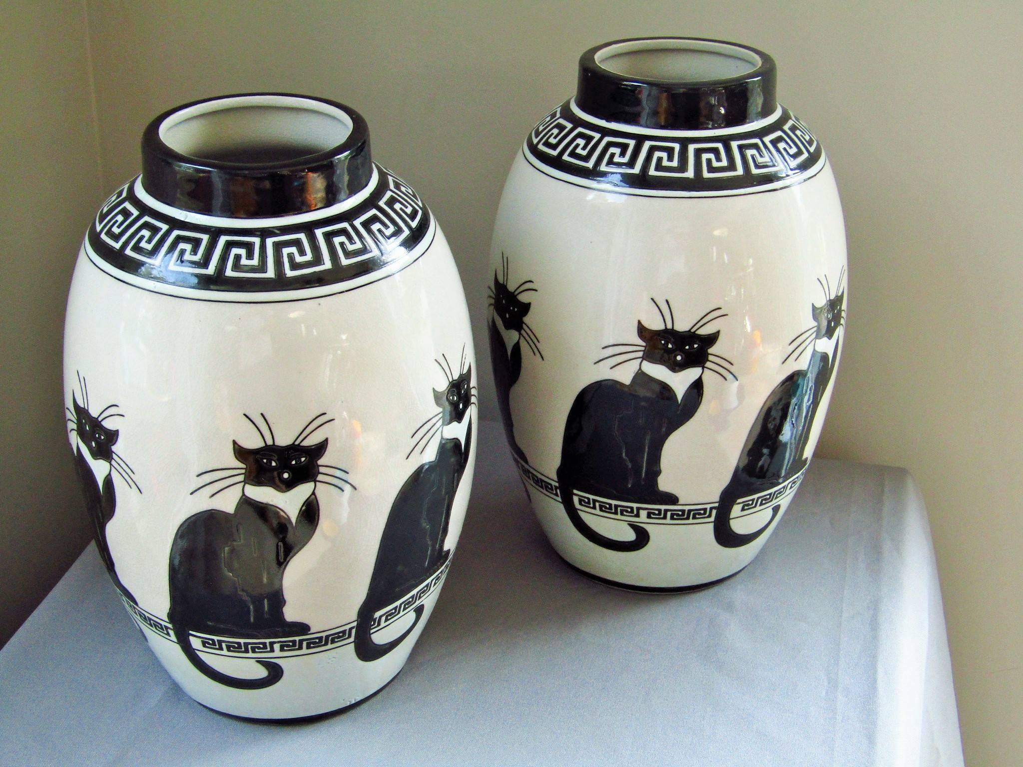 Late 20th Century Mid-Century Pair of Vases Ceramic 1960s Cat Decor by Keralouve