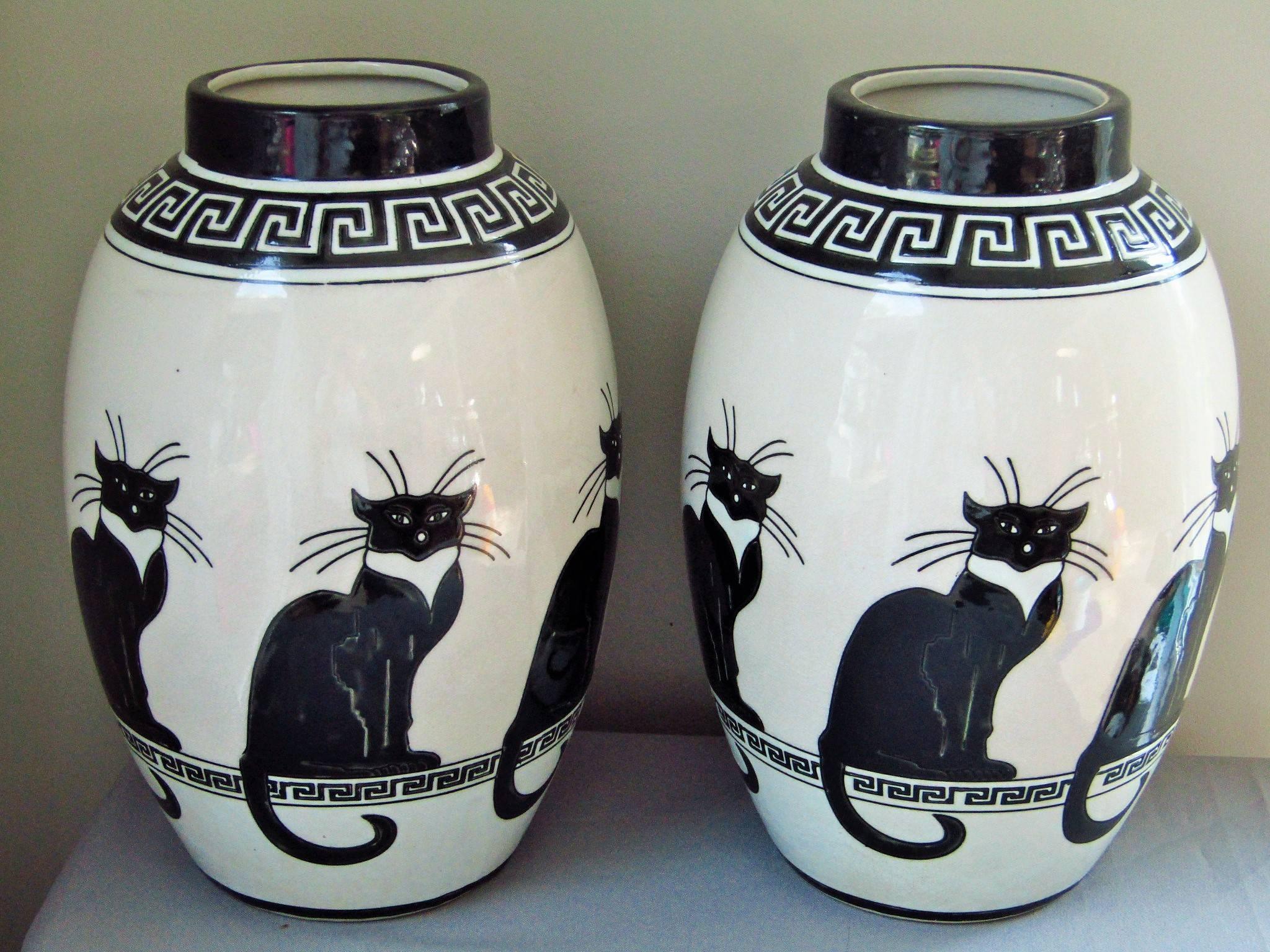 Mid-Century Pair of Vases Ceramic 1960s Cat Decor by Keralouve 1