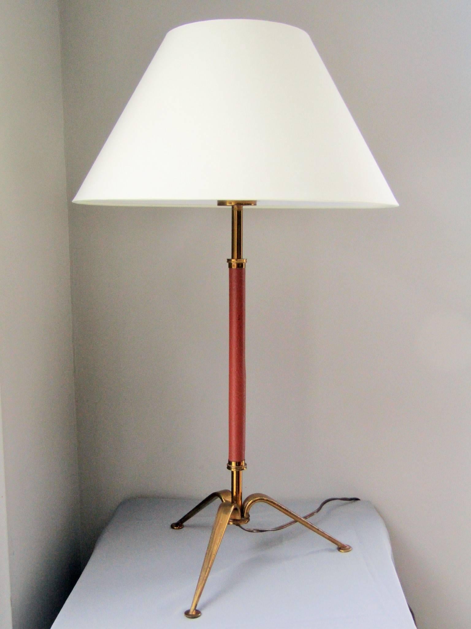 French Midcentury Brass and Leather Table Lamp in the Style of Adnet