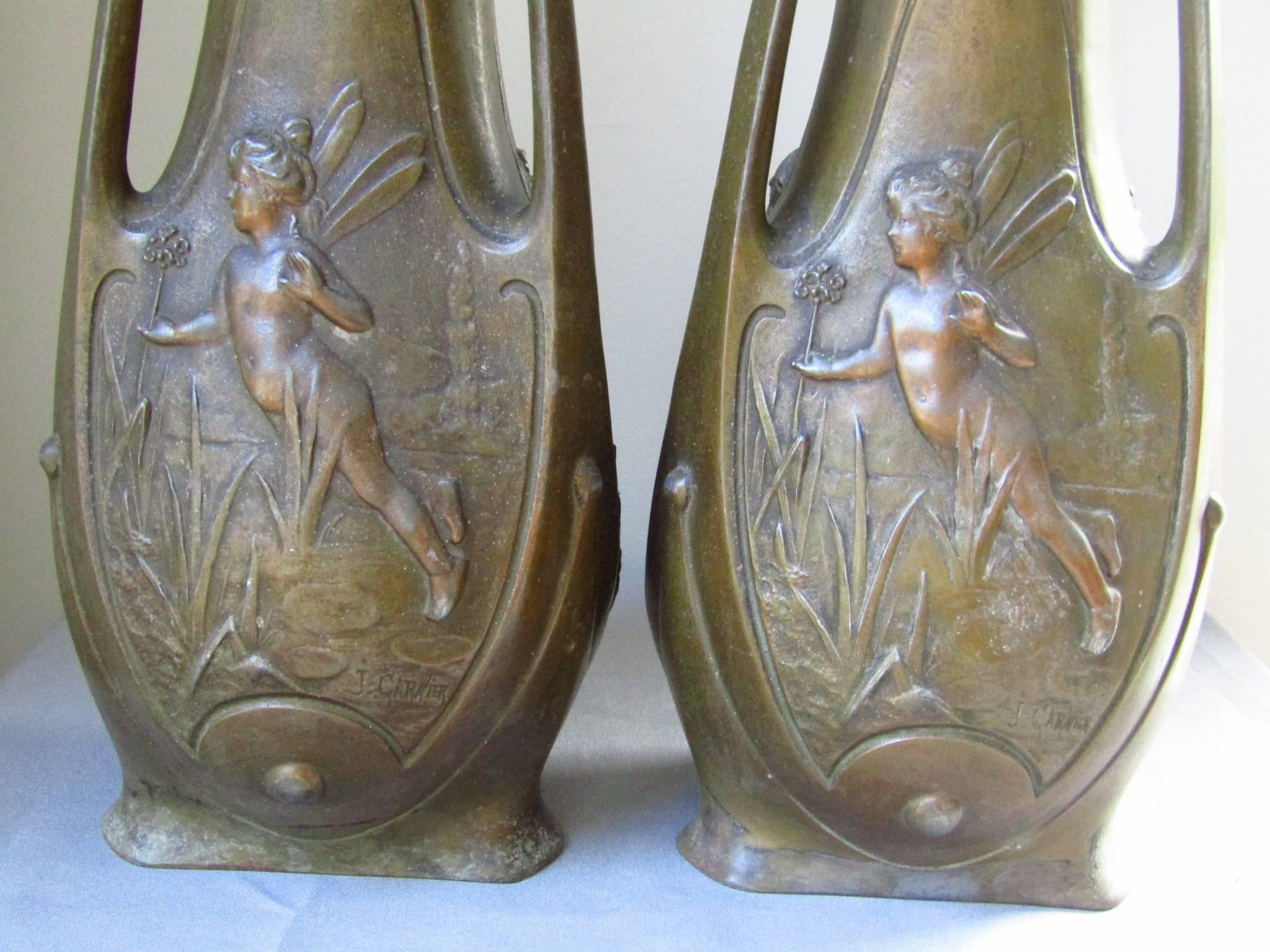 Pair of Art Nouveau Bronze Patinated Vases by J. Garnier, France, 1900 1