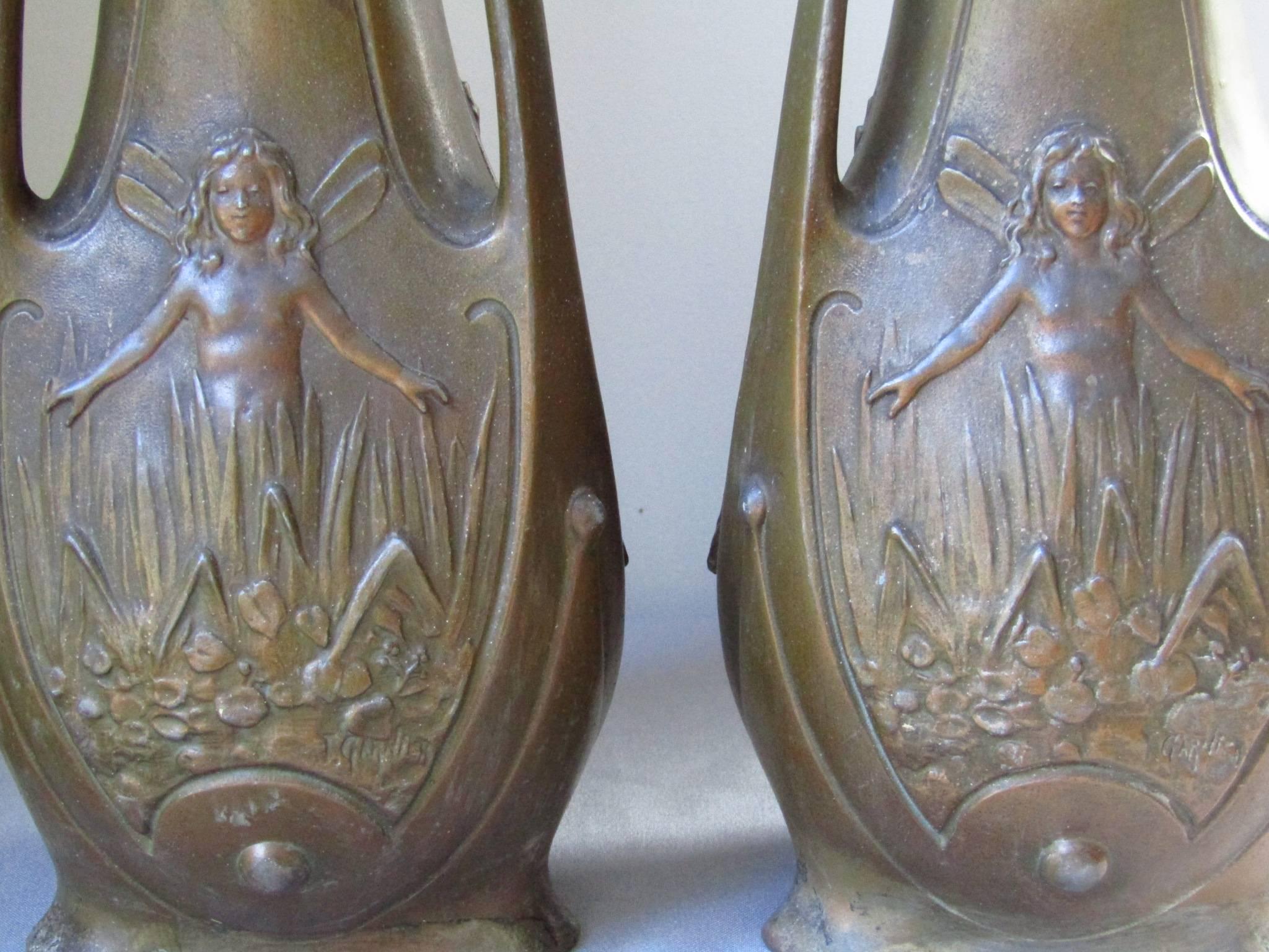 Early 20th Century Pair of Art Nouveau Bronze Patinated Vases by J. Garnier, France, 1900