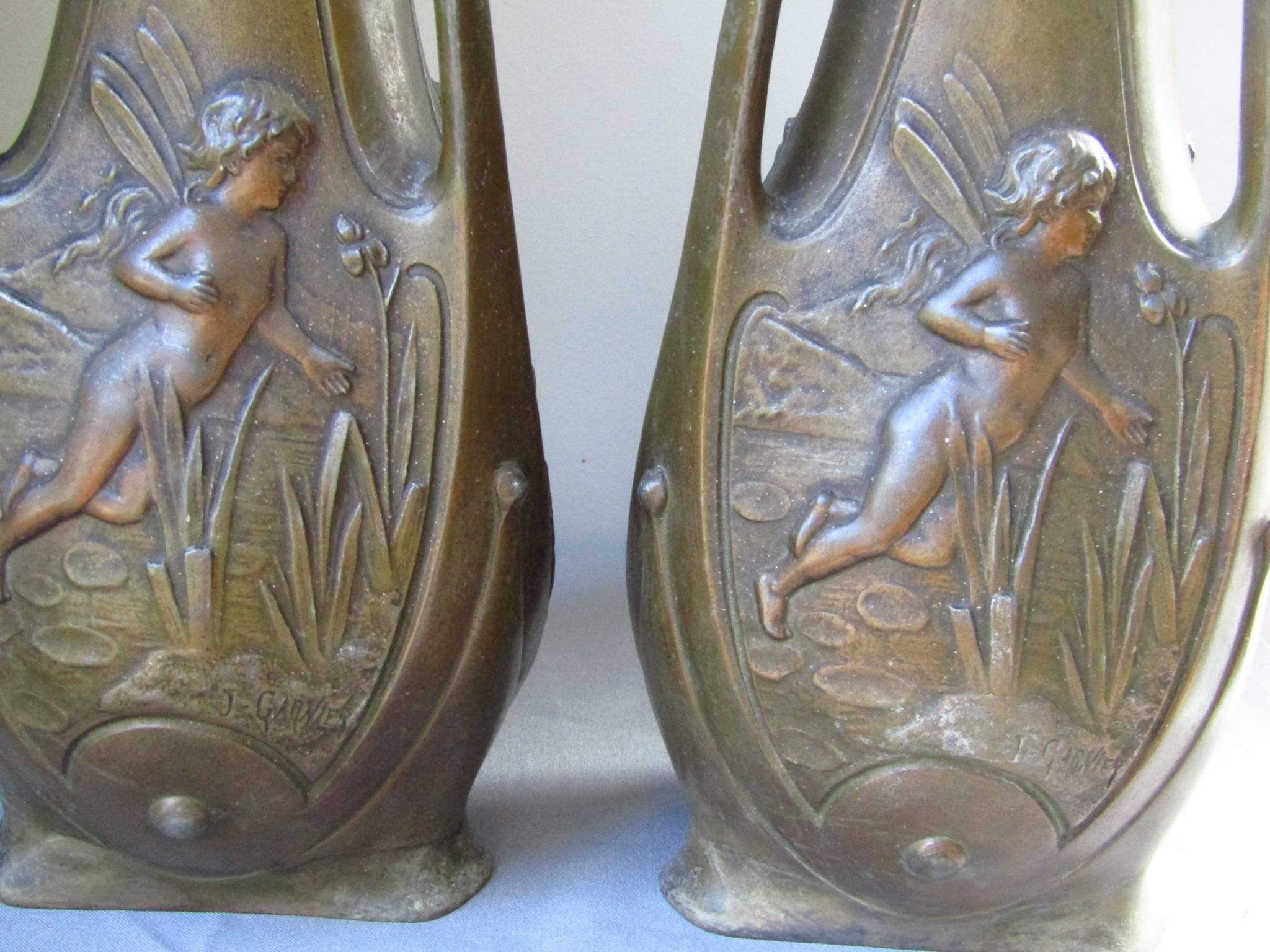 Metal Pair of Art Nouveau Bronze Patinated Vases by J. Garnier, France, 1900