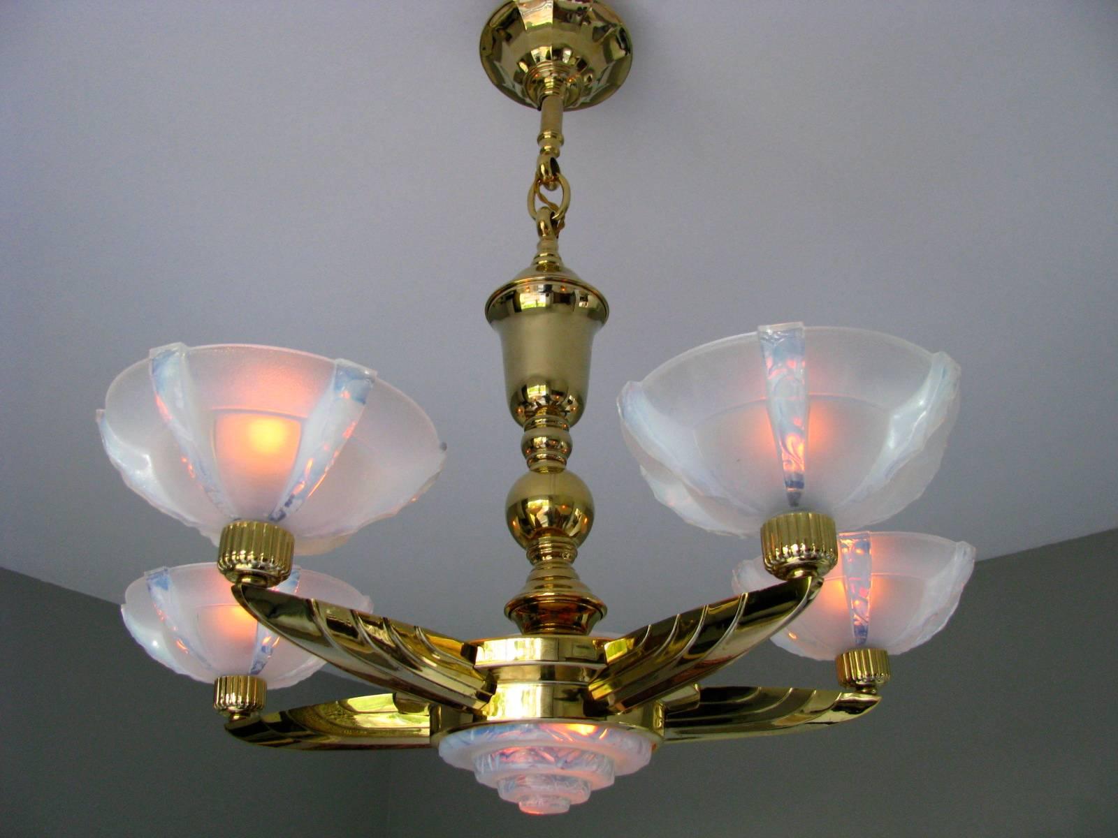 French Art Deco Signed Petitot Chandelier 24-karat Gold Plated Opalescent