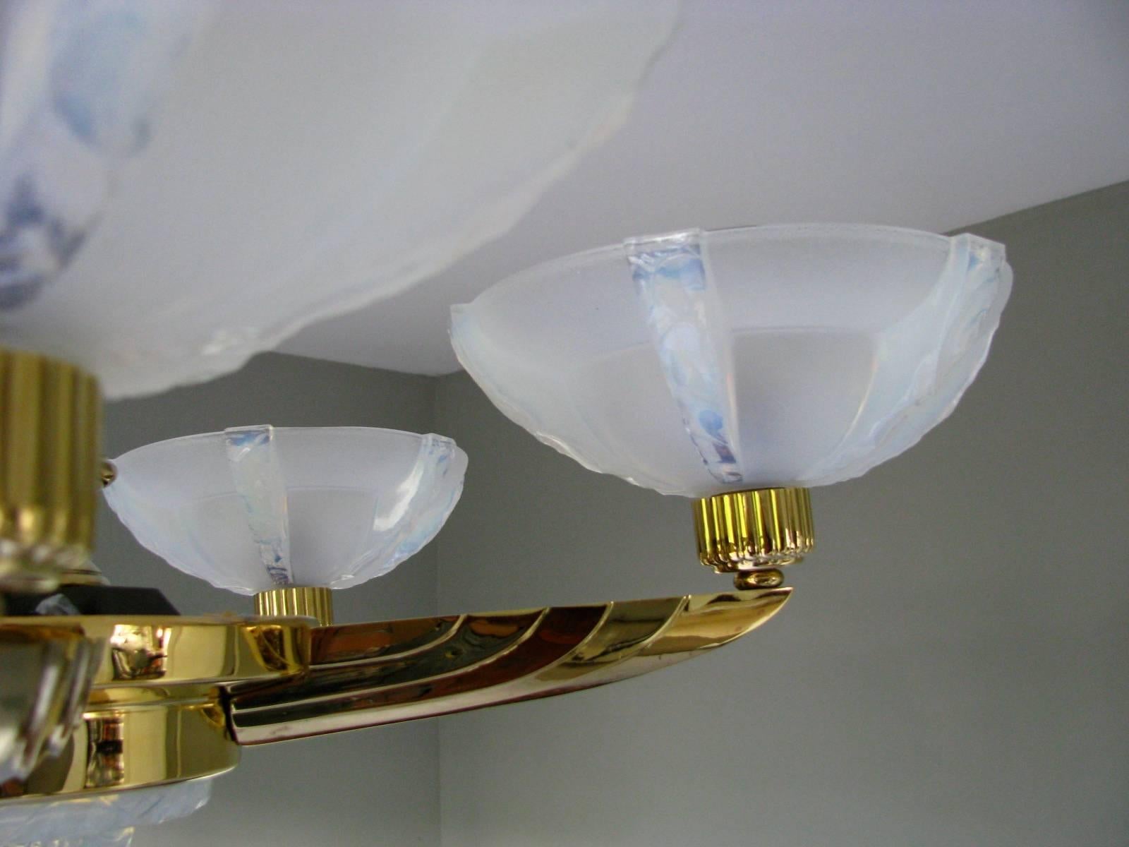 Art Deco Signed Petitot Chandelier 24-karat Gold Plated Opalescent In Excellent Condition In Saarbruecken, DE