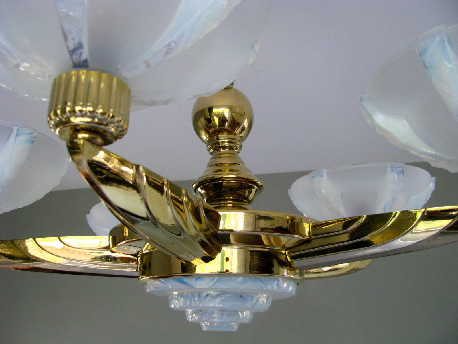 Art Deco Signed Petitot Chandelier 24-karat Gold Plated Opalescent 3