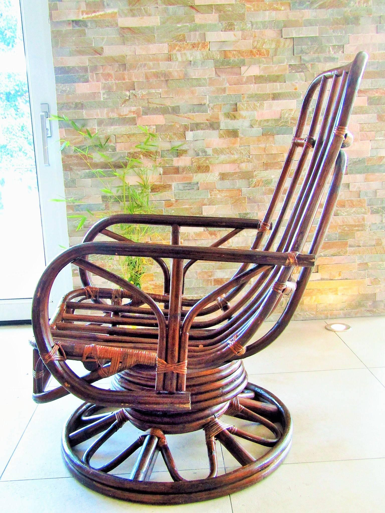 French Midcentury Rattan Cane Swivel Rocking Armchair For Sale