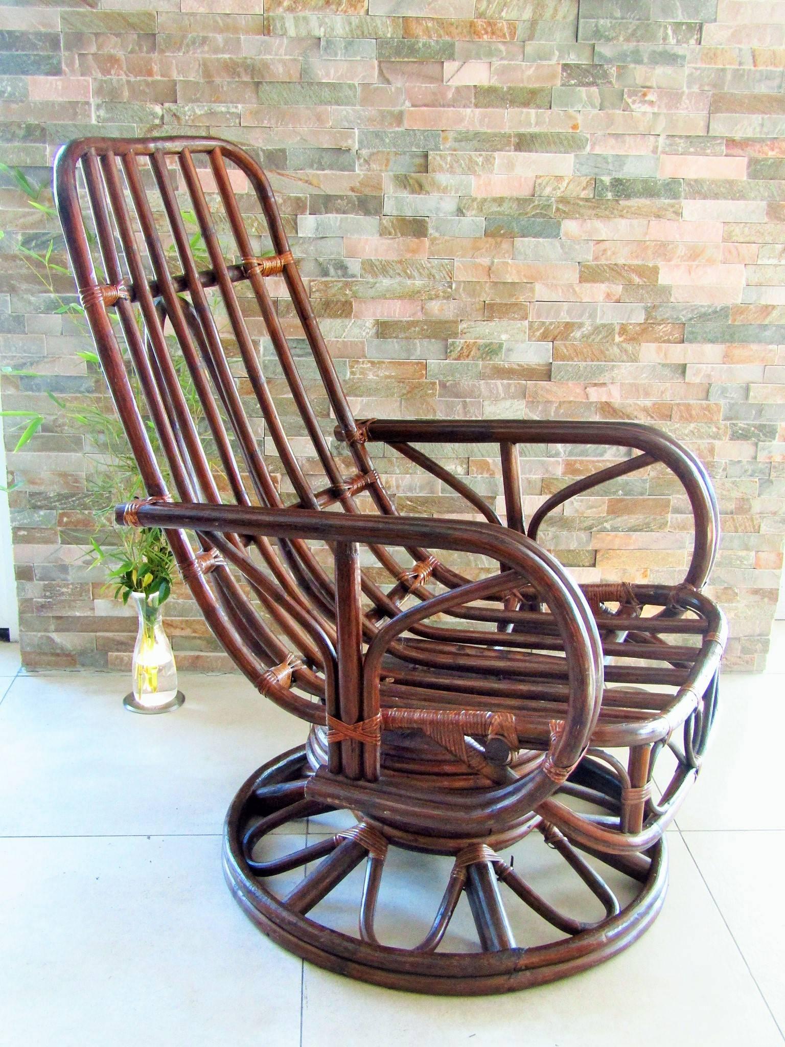 Mid-20th Century Midcentury Rattan Cane Swivel Rocking Armchair For Sale