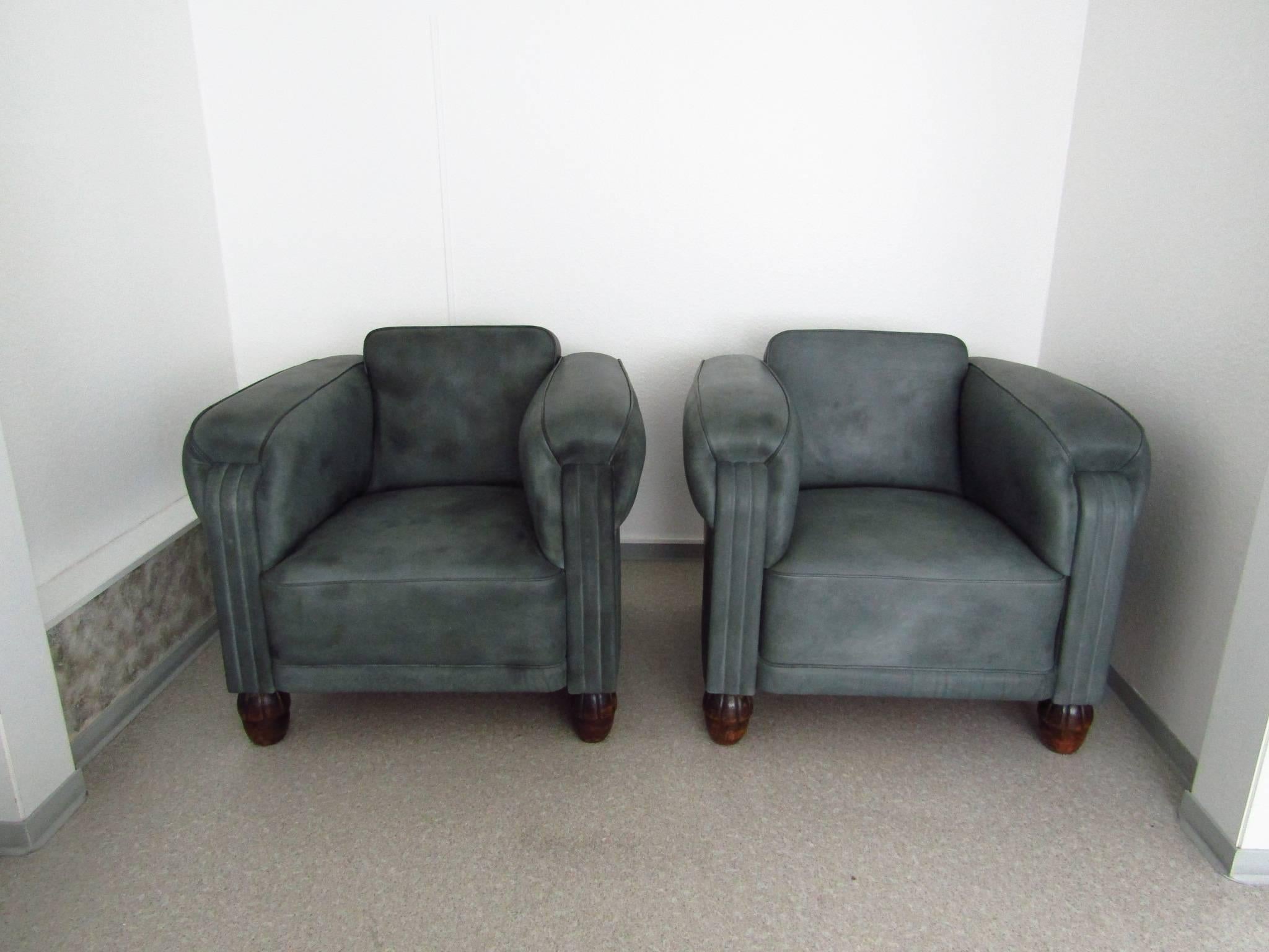 Art Deco armchairs leather 1920, Germany. New upholstered with hand-patinated full grain grey cow leather. You can see this armchair in the movie 