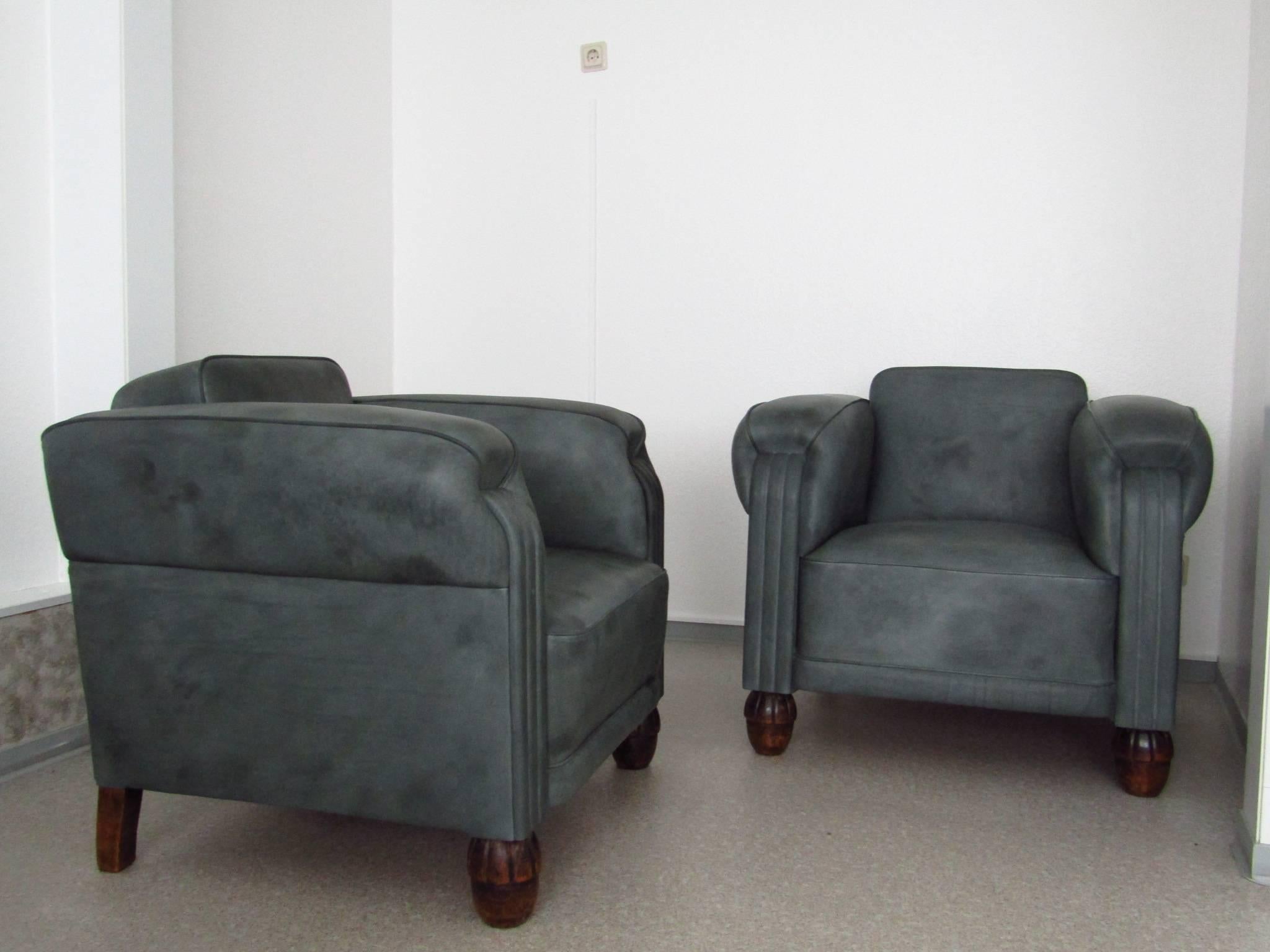 German Pair of Art Deco Club Chairs Armchairs Leather, 1925 For Sale