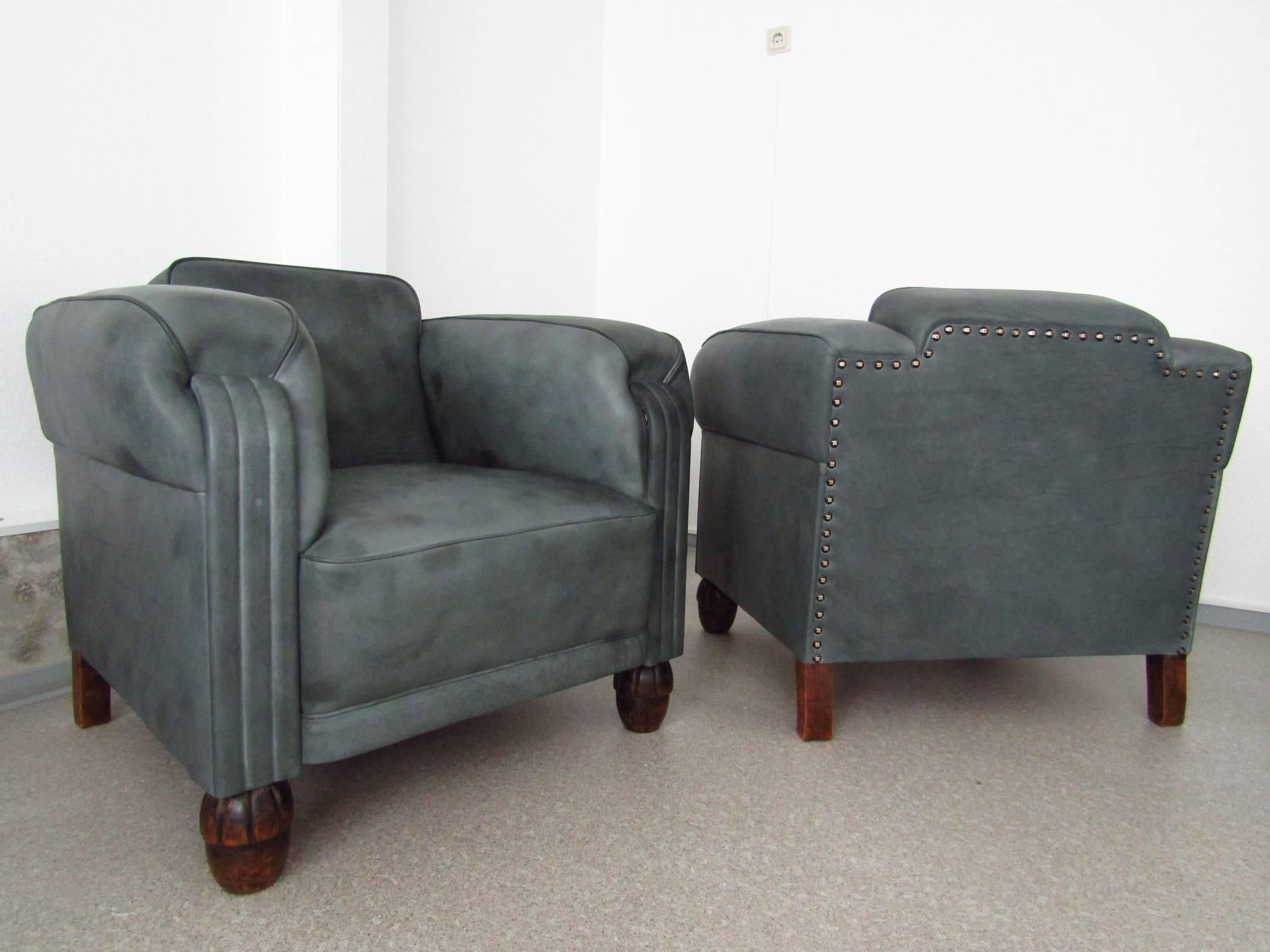 Pair of Art Deco Club Chairs Armchairs Leather, 1925 In Excellent Condition For Sale In Saarbruecken, DE